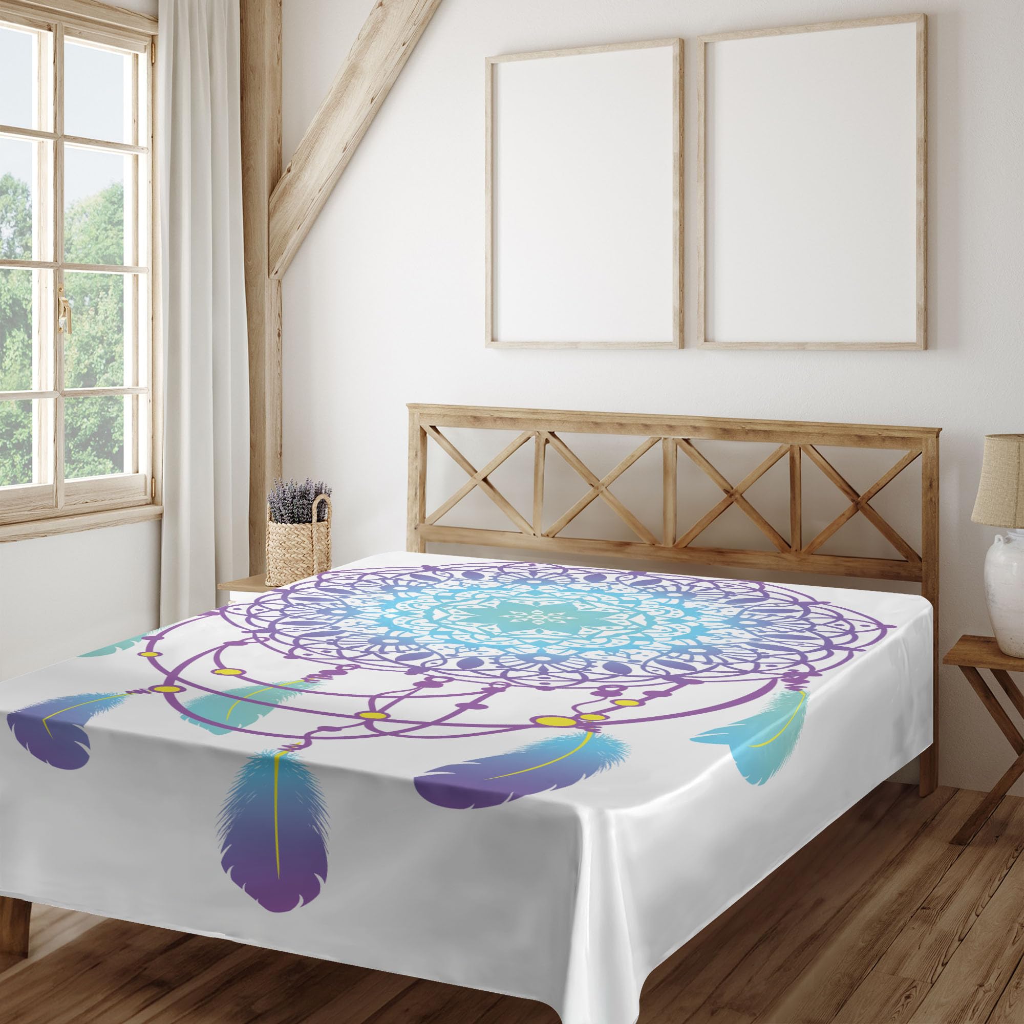 Ambesonne Blue Mandala Flat Sheet, Dreamcatcher with Feathers and Mandala Hippie, Soft Comfortable Top Sheet Decorative Bedding 1 Piece, California King, Purple Aqua and Yellow