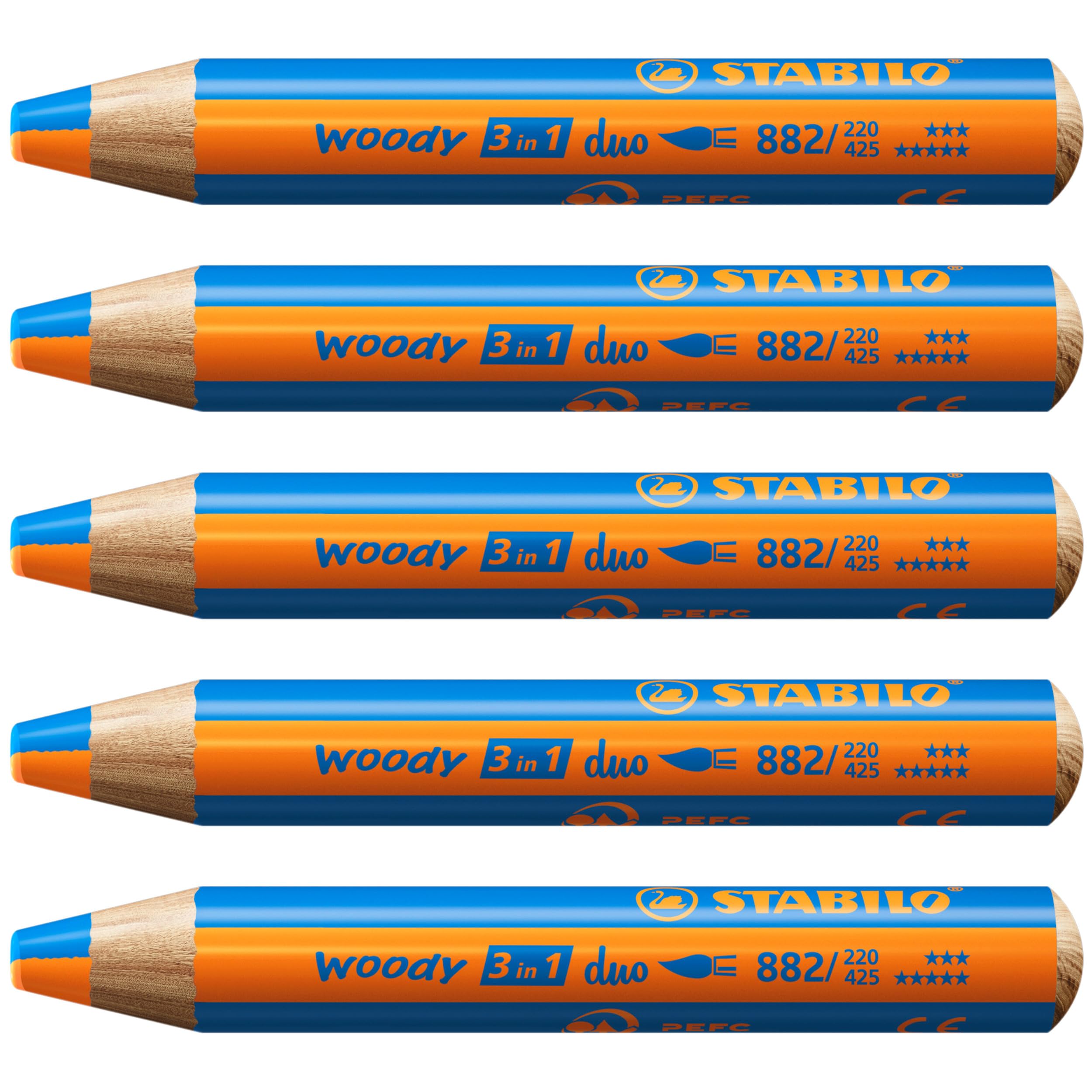 STABILO Lápiz de color, cera y acuarela woody 3 en 1 duo - Mina bicolor - Caja con 5 unidades – Colores naranja/azul medio