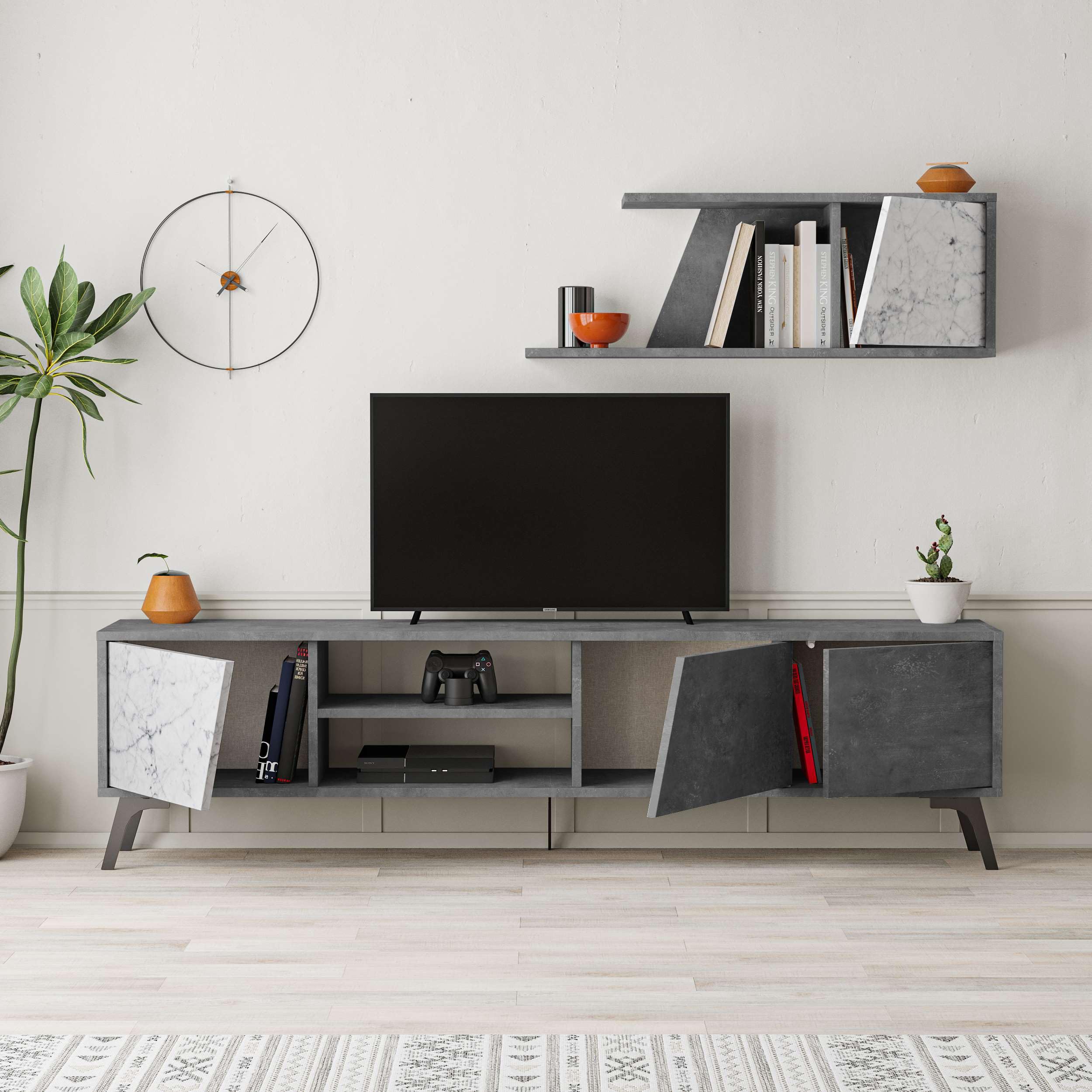 Totò Piccinni Parete Tv LOFT Porta TV mobile salotto multiuso composizione soggiorno 180x35,6 (Cemento/Carrara)