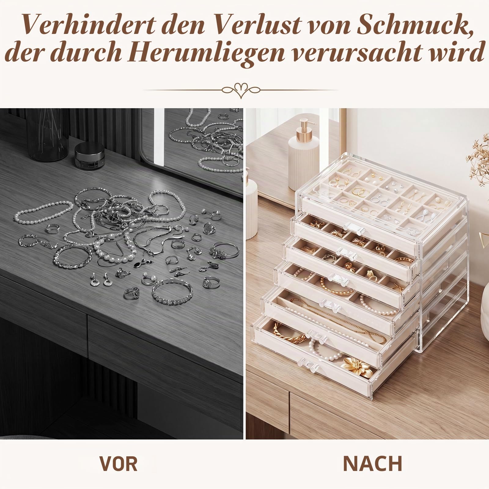Acryl Schmuckaufbewahrung Schmuck Organizer Schmuckkasten mit 4 Schubladen für Ohrringe, Ringe, Armbänder (Warmweiß)