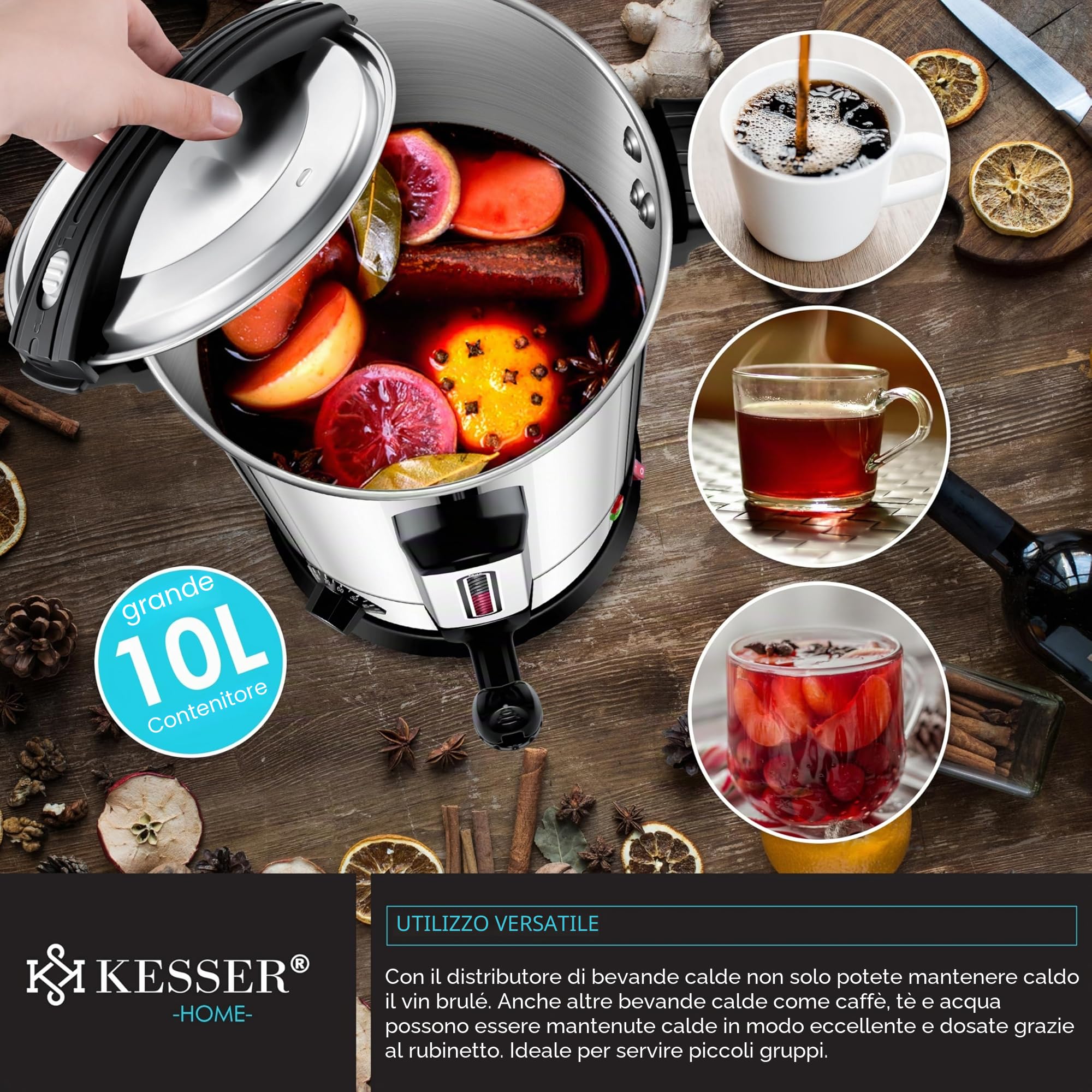 KESSER® Bollitore per vin brulé, 10 l, in acciaio inox, con 10 bicchieri per vin brulé, con termostato, macchina per bevande calde, distributore automatico di acqua calda, indicatore di livello