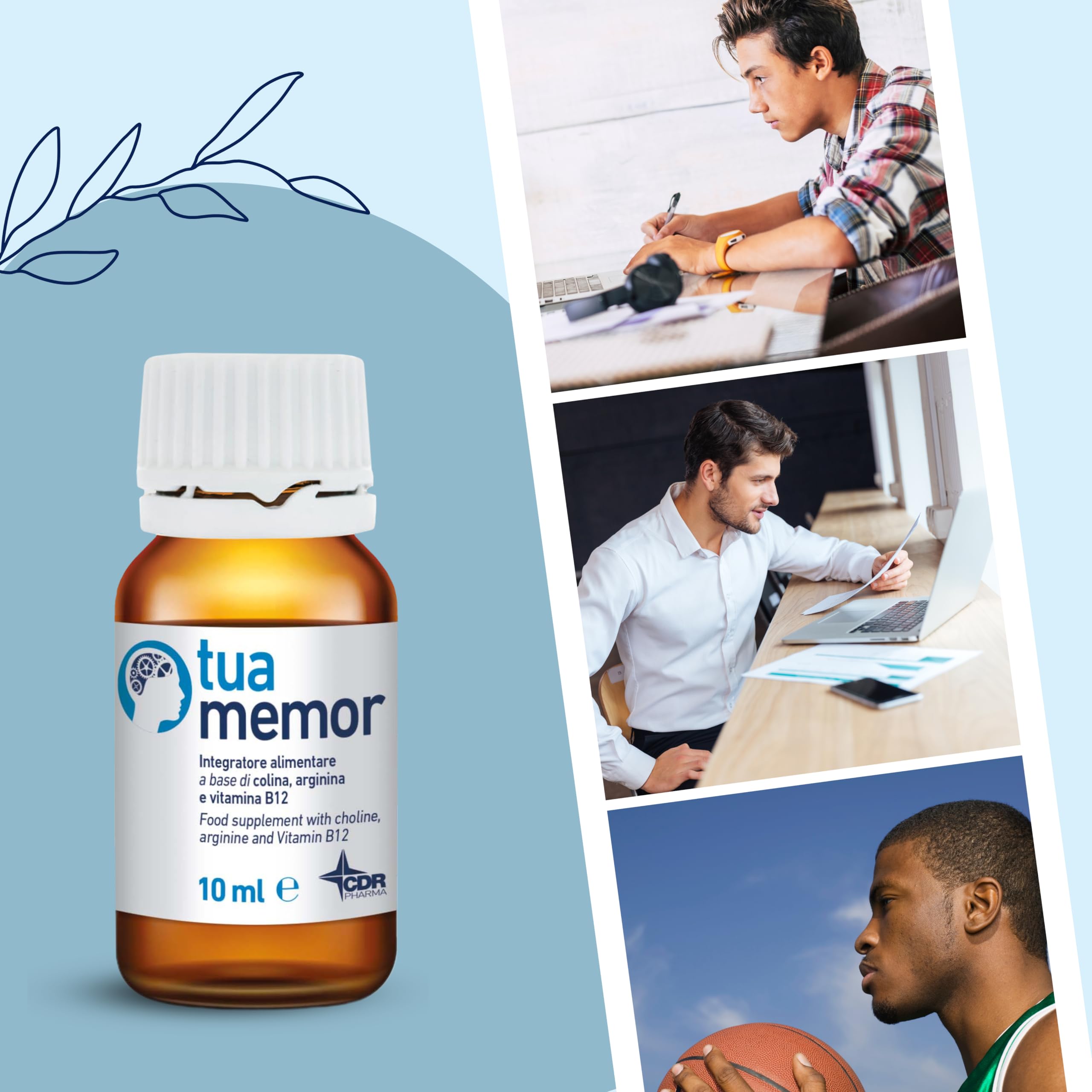 Integratore Memoria e Concentrazione, con Arginina, Colina e Vitamina B12, Senza Glutine e Senza Lattosio, 15 flaconcini da 10 ml, Tuamemor