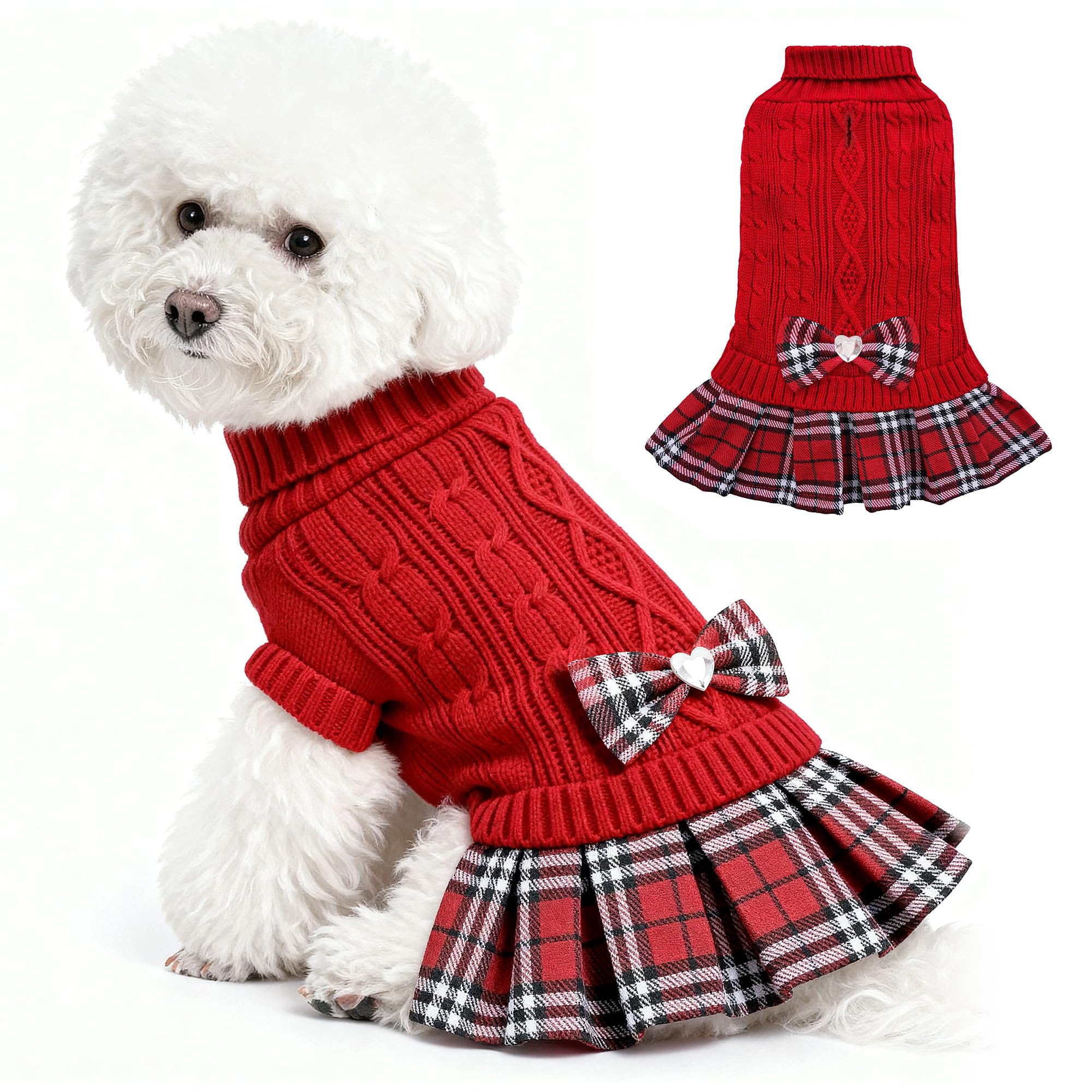 WOYYHO Hundepullover, Kleid mit karierter Fliege, Faltenrock, Hundepullover mit Loch für die Leine, Rollkragen, Hundepullover, Strickwaren, Welpenpullover, Winter, Hundekleidung für kleine mittelgroße