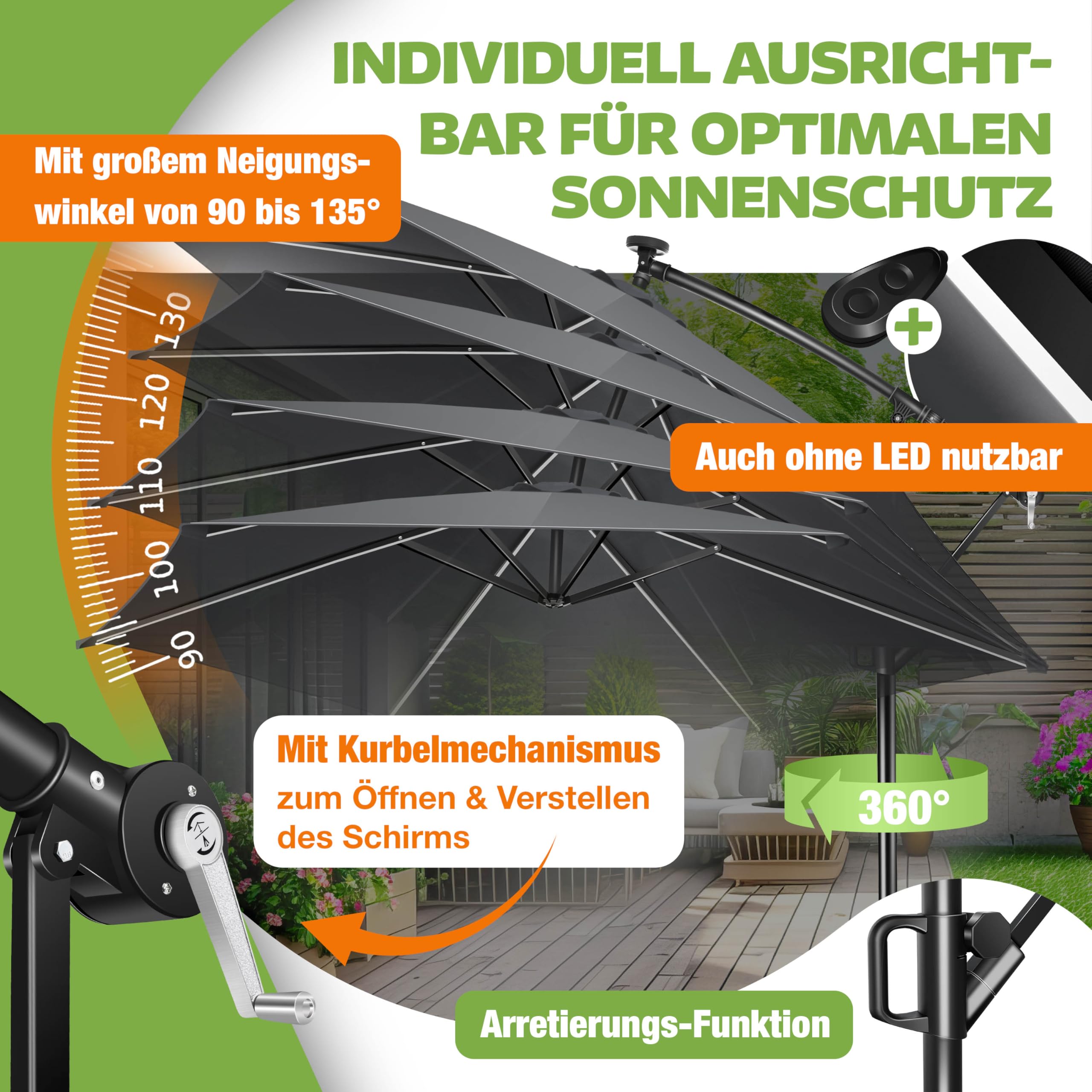 KESSER® Sonnenschirm Solar Ø 300 cm/Ø 350 cm mit LED Beleuchtung, Ampelschirm mit Kurbel, Garten, Sonnenschutz, Gestell & Ständer aus Alu, UV-Schutz, wasserdicht + Windfest, 360° Funktion + Hülle