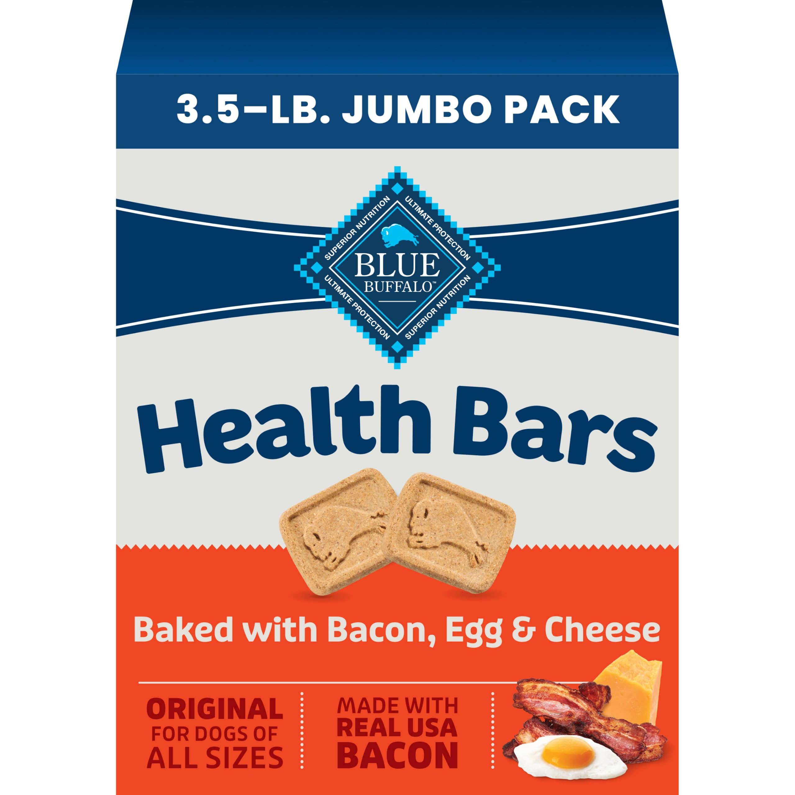 Blue Buffalo Health Bars Bacon, Egg & Cheese Crunchy Dog Biscuits, Oven-Baked with Real Bacon & Natural Ingredients, Healthy Dog Treats with No Artificial Flavors or Preservatives, Jumbo Box 3.5 lbs.