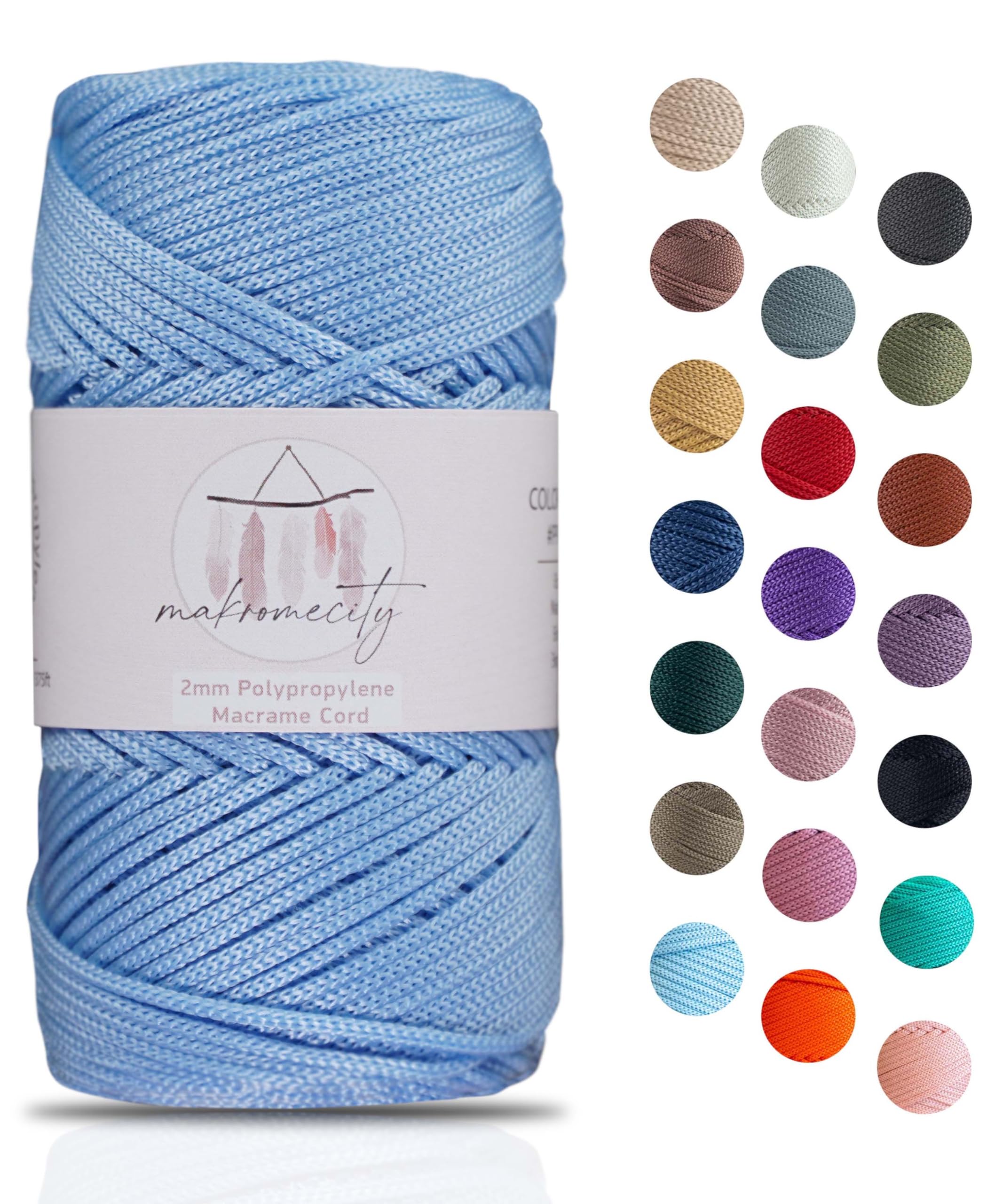 Makromecity, Polyester Macrame Cord 2mm x 125 Yards (375 feet) 2mm Polypropylene Macrame Cord Crochet Macrame Bag Cord Crafts for Wall Hangings, Bags, Underplate, Rug (1, Baby Blue)