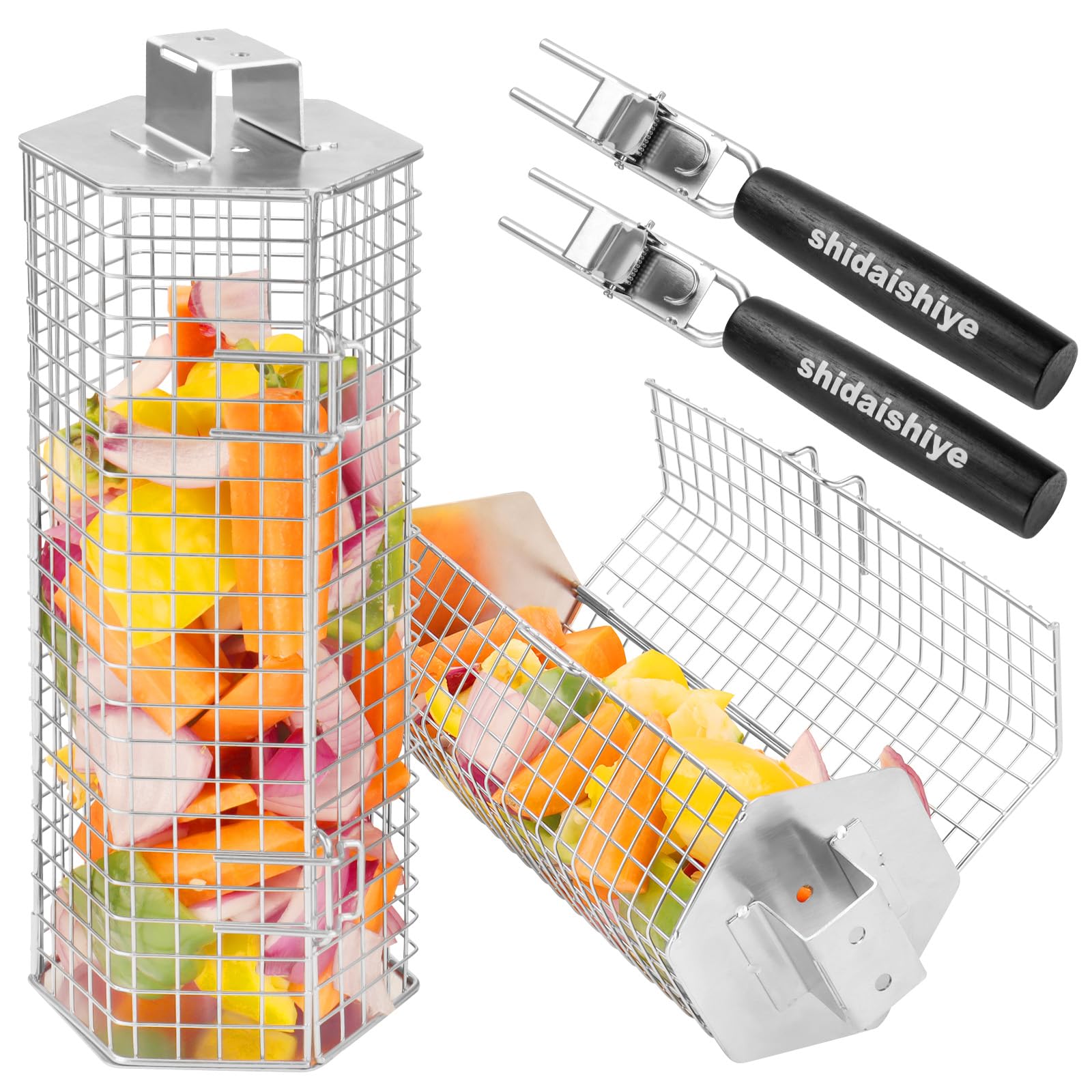 Rollendes Grillkorb Set,Grill Zubehör mit Abnehmbarem Holzgriff,Edelstahl-Nesting-Grillnetz, Outdoor Küche Grill Zubehör für Gemüse, Fleisch und Meeresfrüchte am Außengril, Geschenke für Männer(2 PCS)