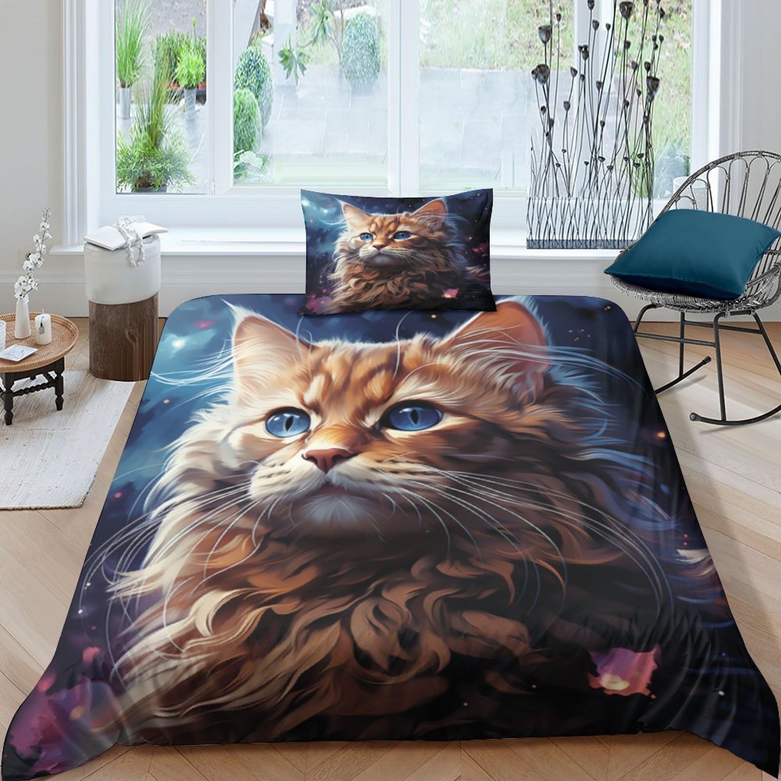 Housse de couette chat 3D parure de lit microfibre 3 pièces 135x200cm pour enfant et adulte
