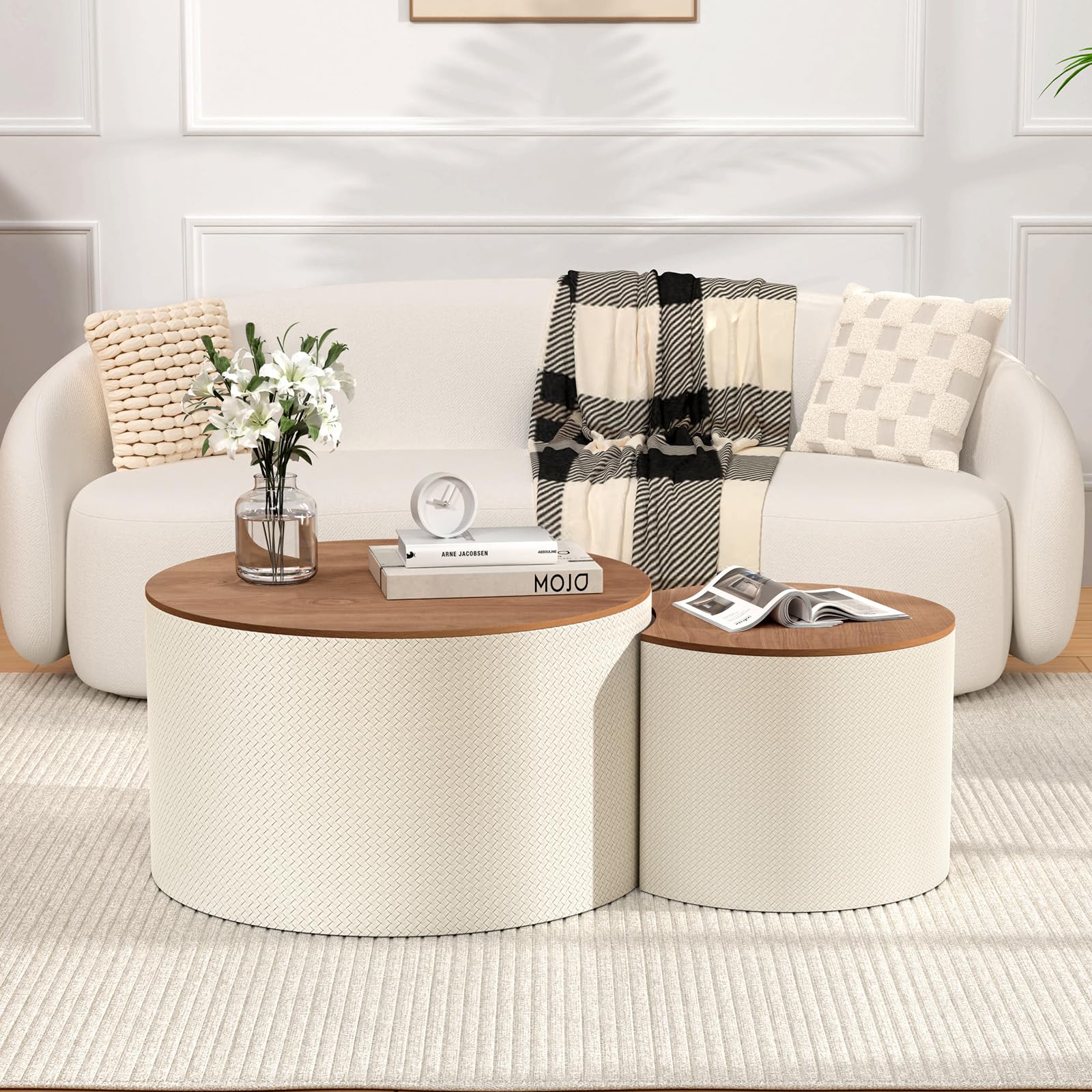 SOUWOFS Round Nesting Coffee Table Set of 2 (White)