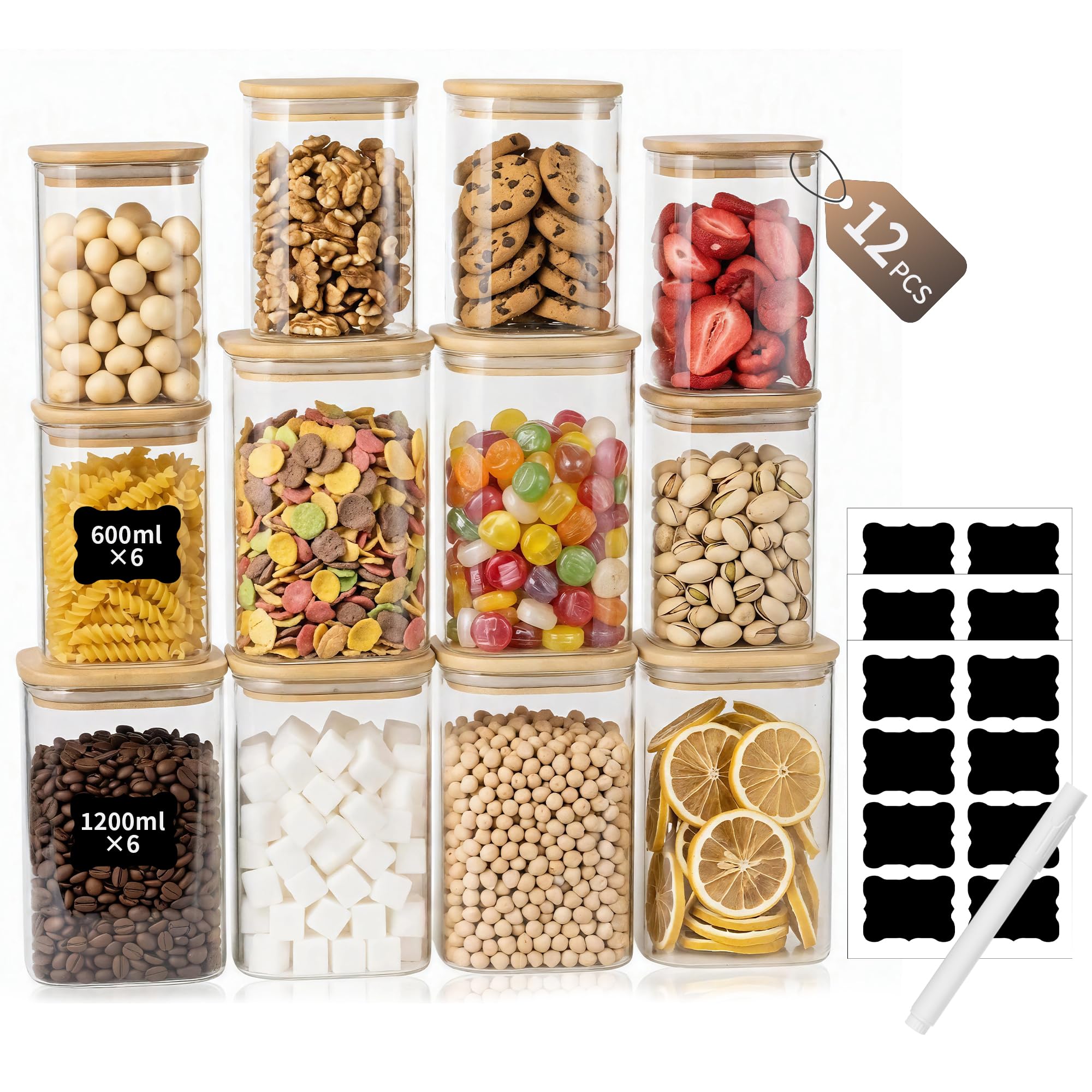 Vorratsgläser mit Deckel 12er Set 6x 600ml + 6x 1200ml