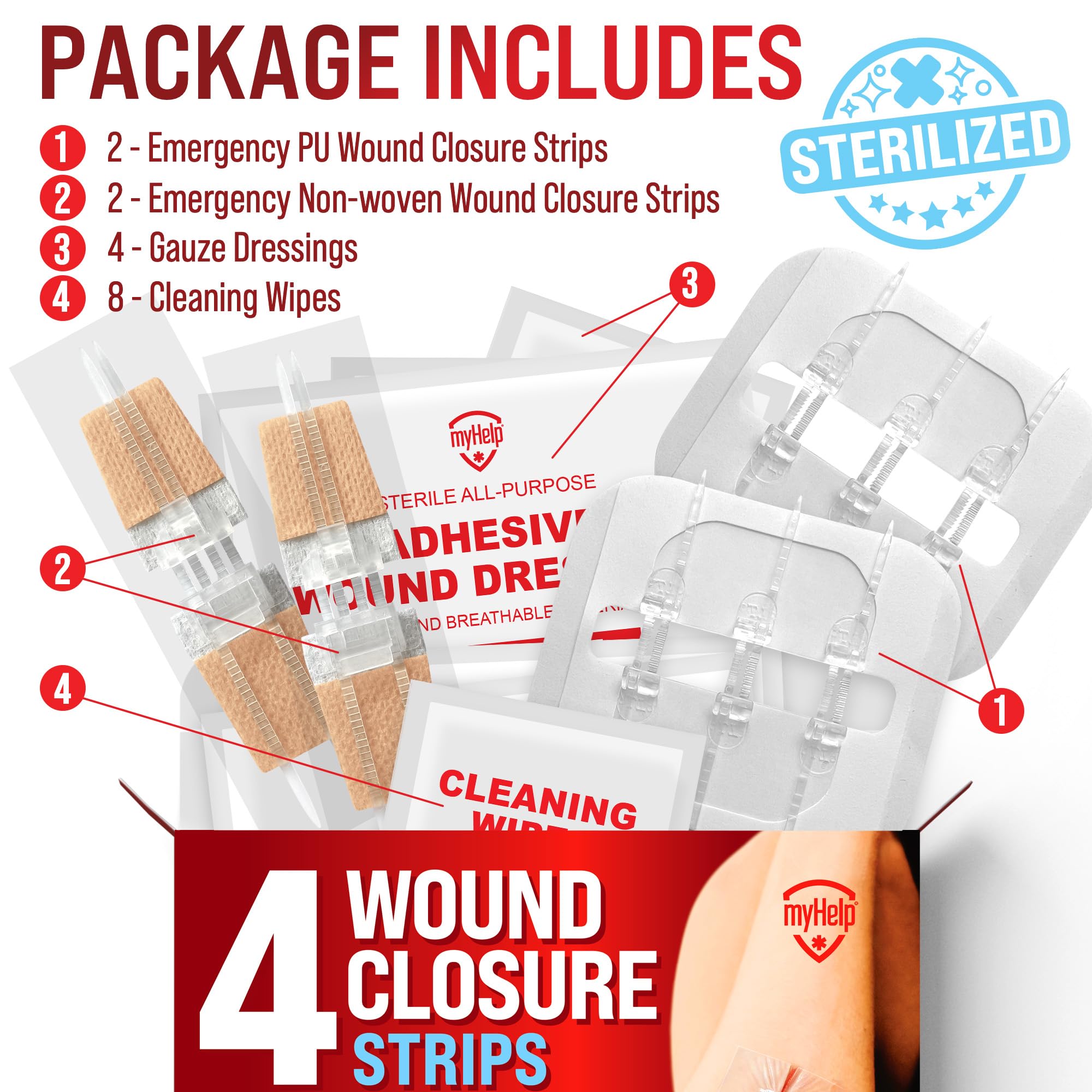 MYHELP- “Tiras para Cierre de Heridas de Emergencia 4pk 2 Tipos Kit de Cierre de Laceración Sin Puntadas y Fácil de Usar