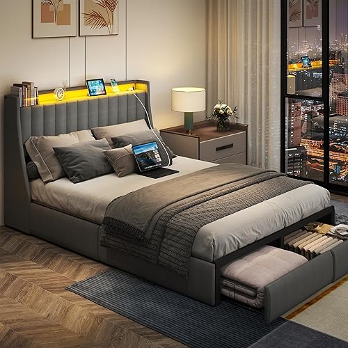 Miniatura 7 de SADENICEL Base de cama de tamaño matrimonial con cabecero y 2 cajones de almacenamiento, plataforma de metal con luz LED, estación de carga, no