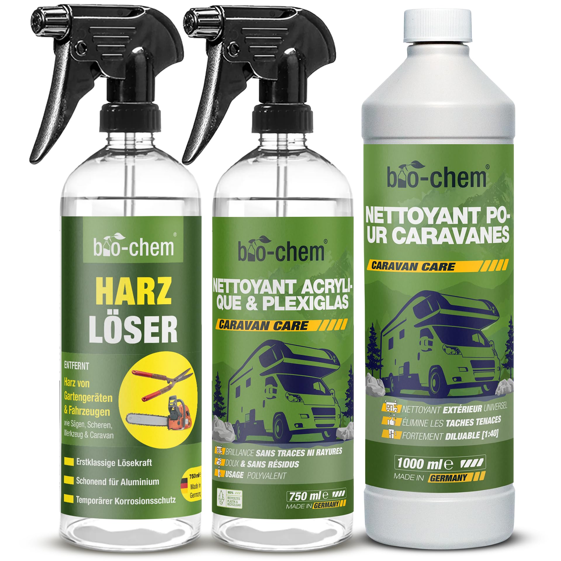 Bio-Chem - Set de 3 Produits d'entretien pour caravanes de Camping - 1L Produit nettoyant pour Camping-Car + Vaporisateur pour résine 750mL + Produit vitre et Pare-Brise 750mL