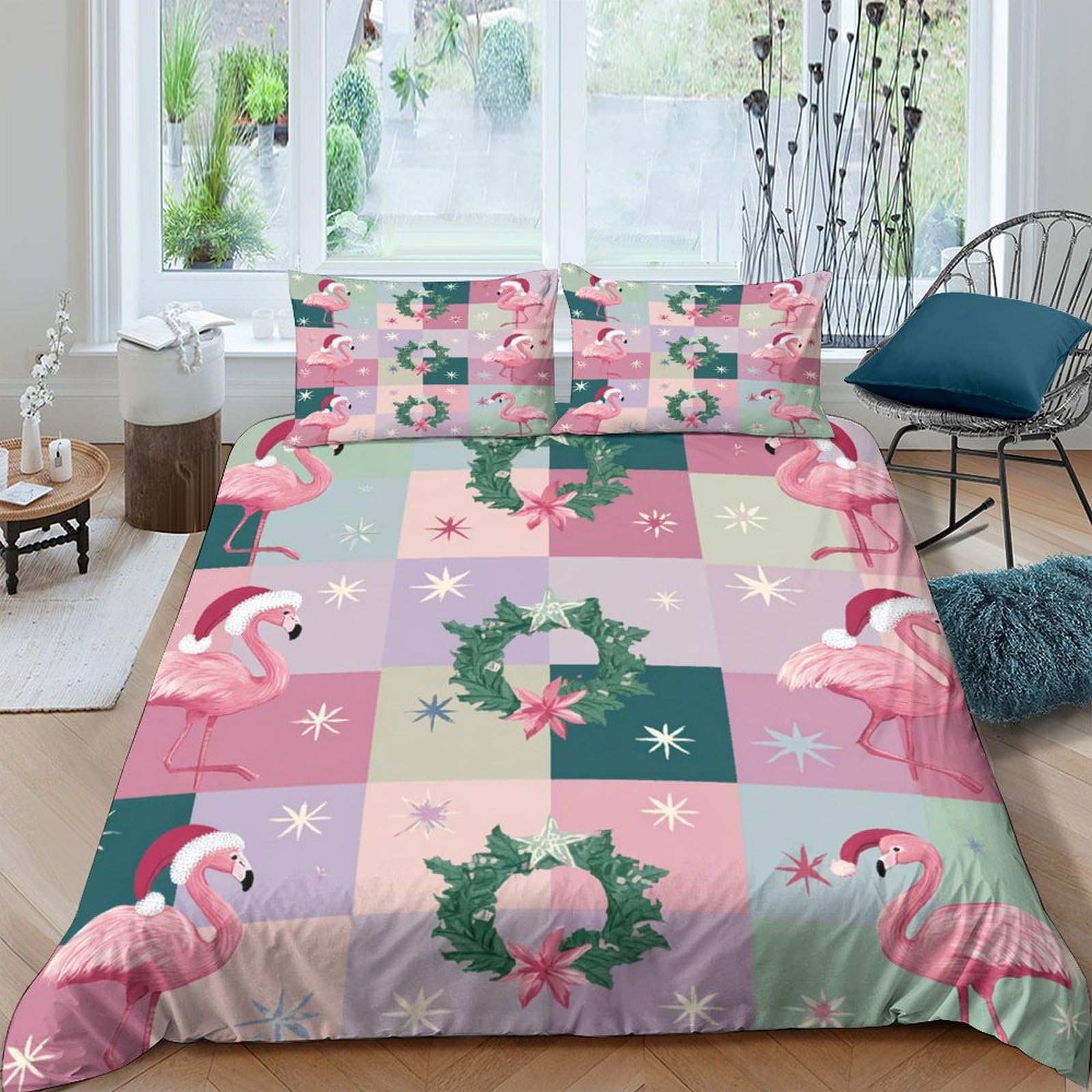 Ctjqhvkz Style-6 3D Printed Christmas Flamingo Fitted Sheet Microfiber Soft Washable Patchwork Bed Cover For Bedroom Guest Room Decor Single（135X200cm）
