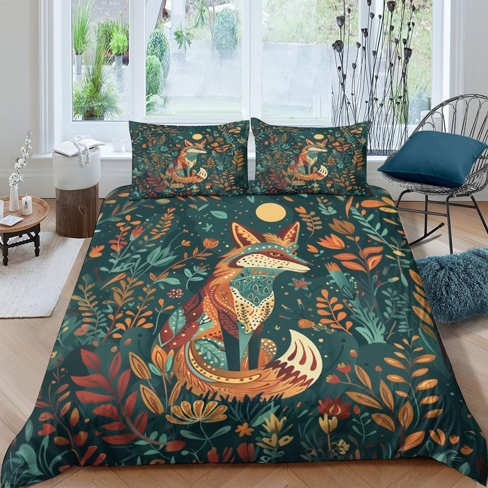 GPLZQXKJNH 3D Printed Forest Fox Duvet Cover Microfiber Breathable Autumn Leaves Bedding Set with 2 Pillowcases for Bedroom Home Decor, 140x200cm Single（135x200cm）