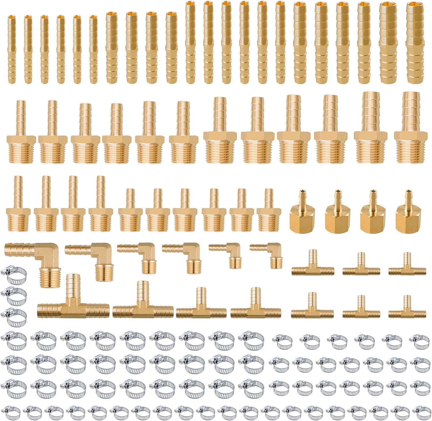 136Pcs Brass Hose Barb Fittings Assortment Kit Barb Splice/Female Adapter/Coupler/Tee/Male Elbow NPT Thread 1/8" 3/16" 1/4" 5/16" 3/8" 1/2" Air Hose Fittings with Pipe Clamps for Water/Air/Fuel