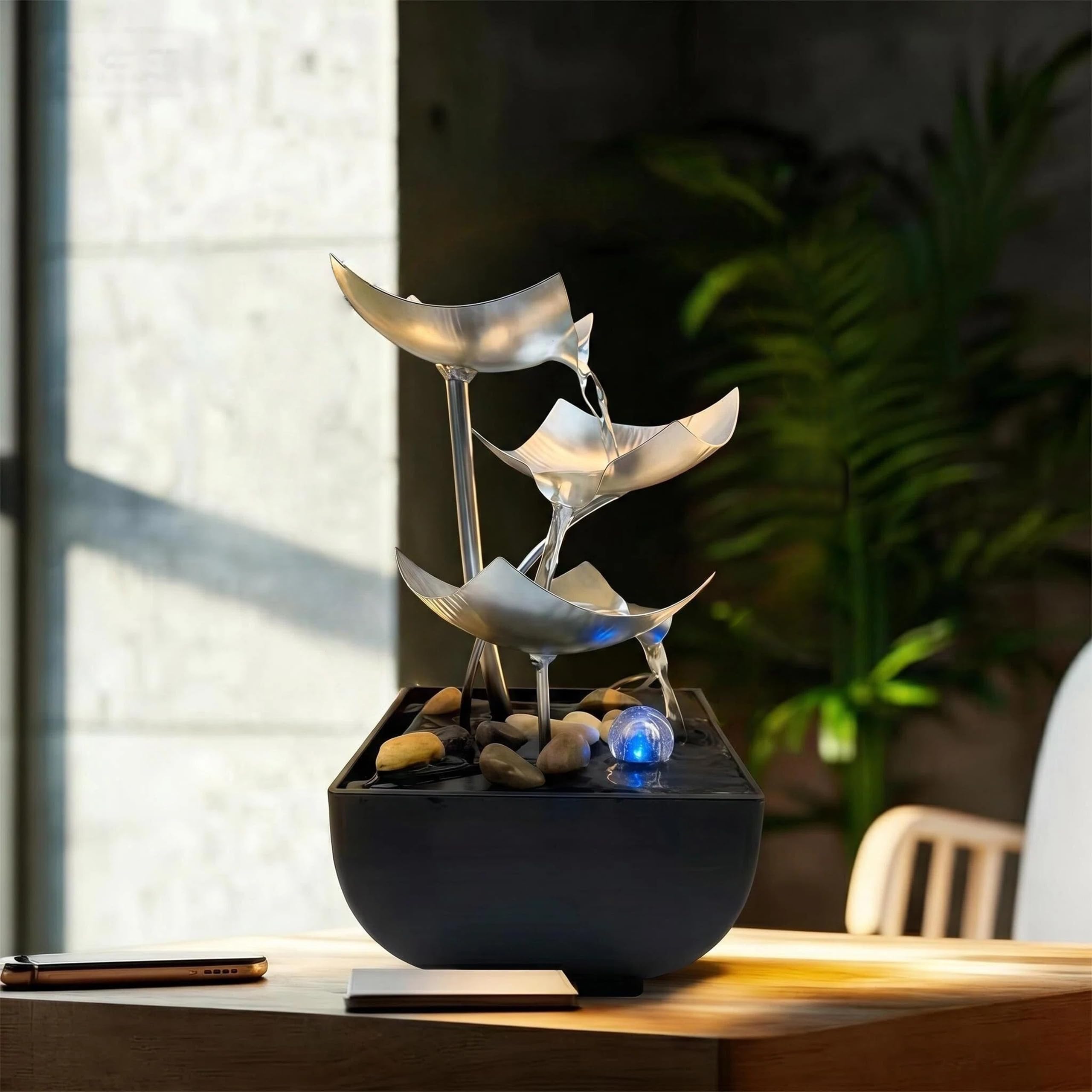 Fontana da interni | Moderna decorazione zen con pompa silenziosa, moderna decorazione da tavolo zen (argento)