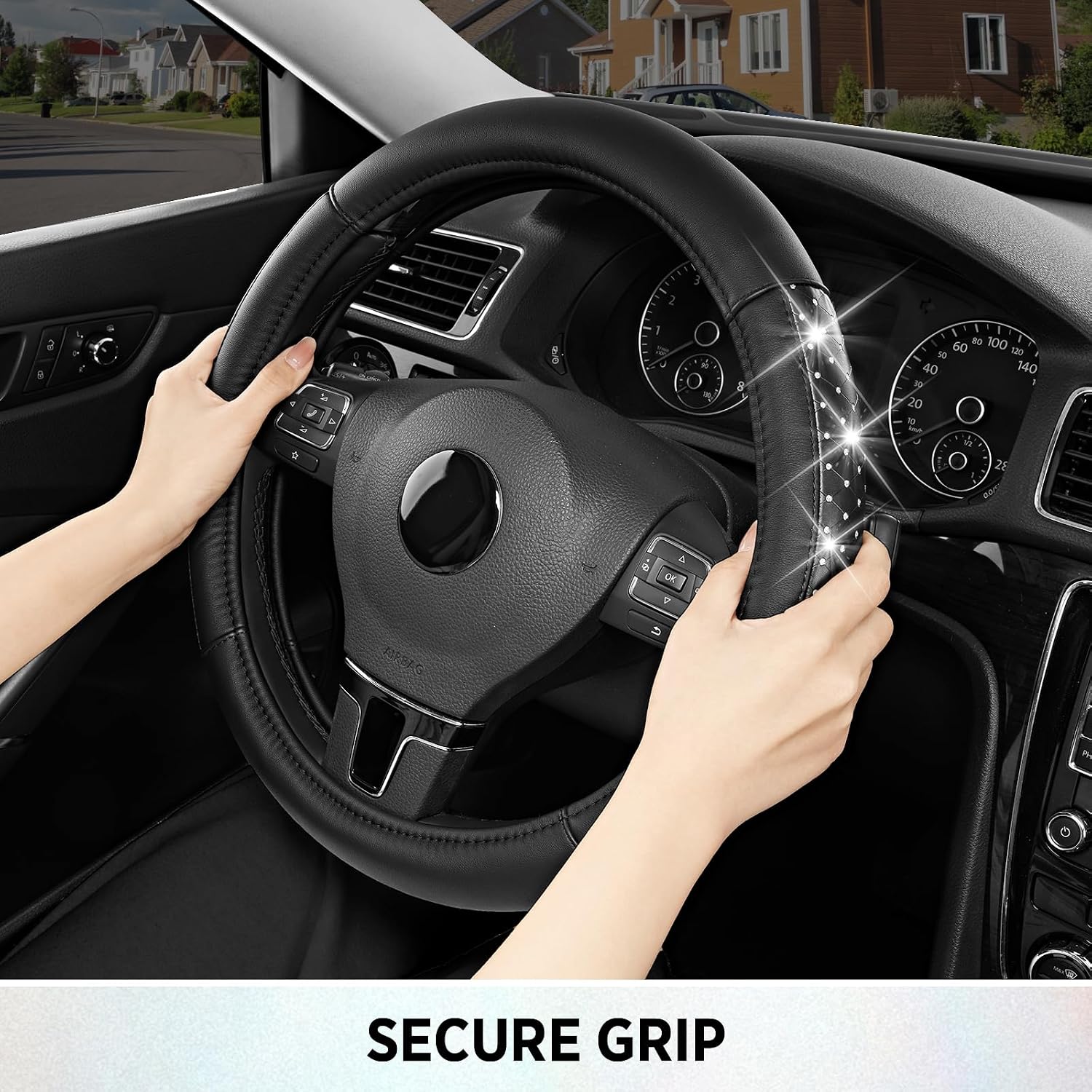 Road Comforts Bling Steering Wheel Cover for Women Girls, Sparkly Rhinestone Leather, Diamond Car Accessories, Anti-Slip Thick Soft Grip, Universal 14.5–15 Inch, for Her