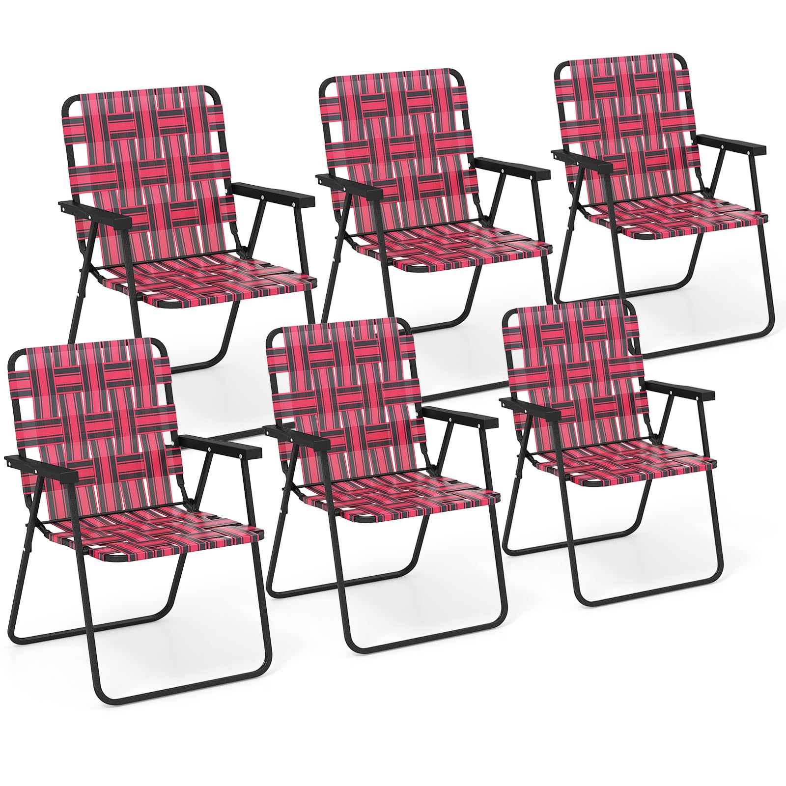GIANTEX Beach Chairs Set of 6, Patio Folding Lawn Chairs for Adults, Outdoor Webbing Chair w/Steel Frame, Lightweight &amp; Portable Camping Chairs for Fishing, Yard, Garden, Poolside Webbed Chairs, Red
