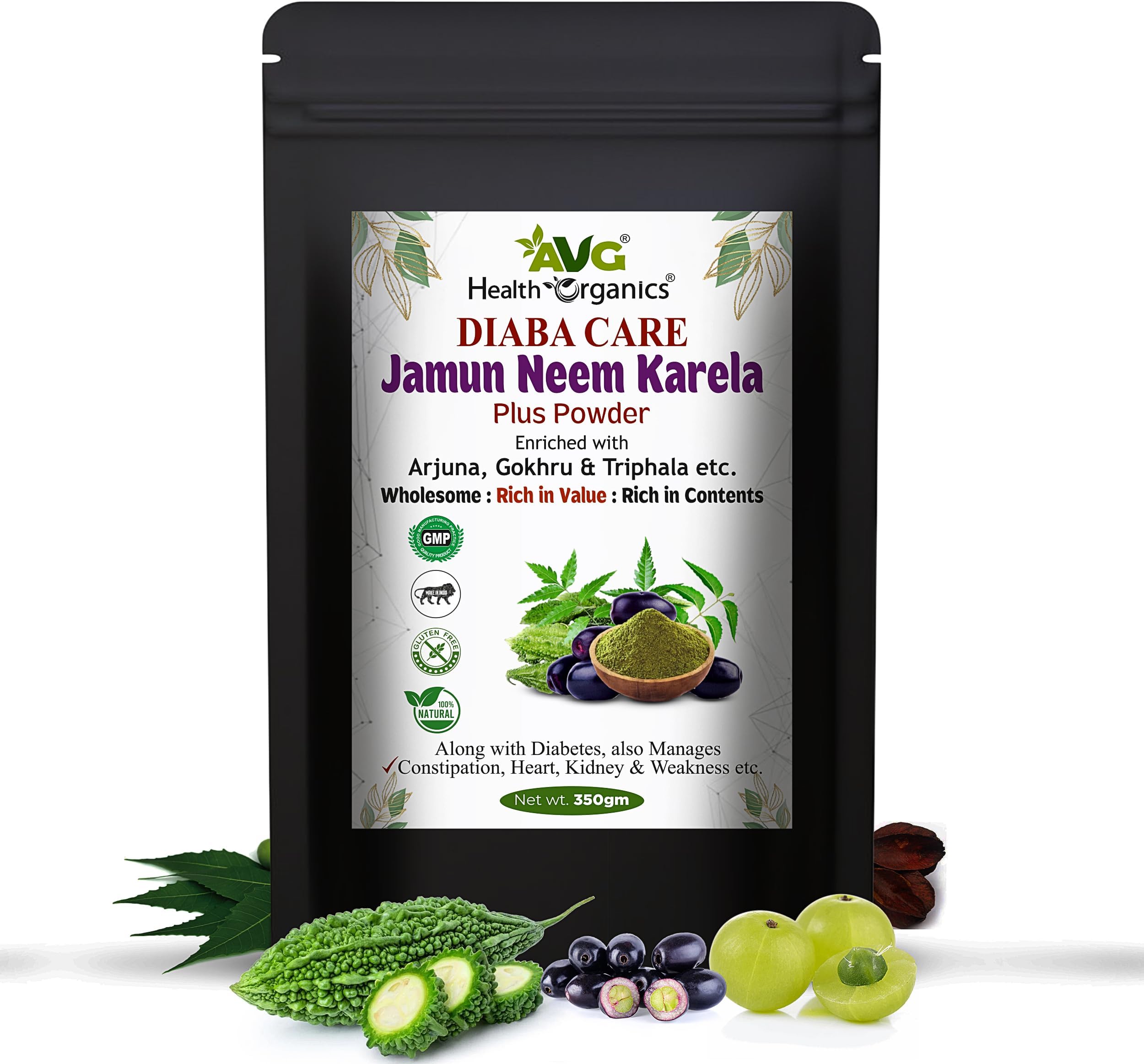AVG Health Organics Diaba Care Karela Jamun Neem Powder 350g, Diabetes Control Ayurvedic Supplement with Arjuna, Gokhru & Triphala, Helps in Relieving Constipation