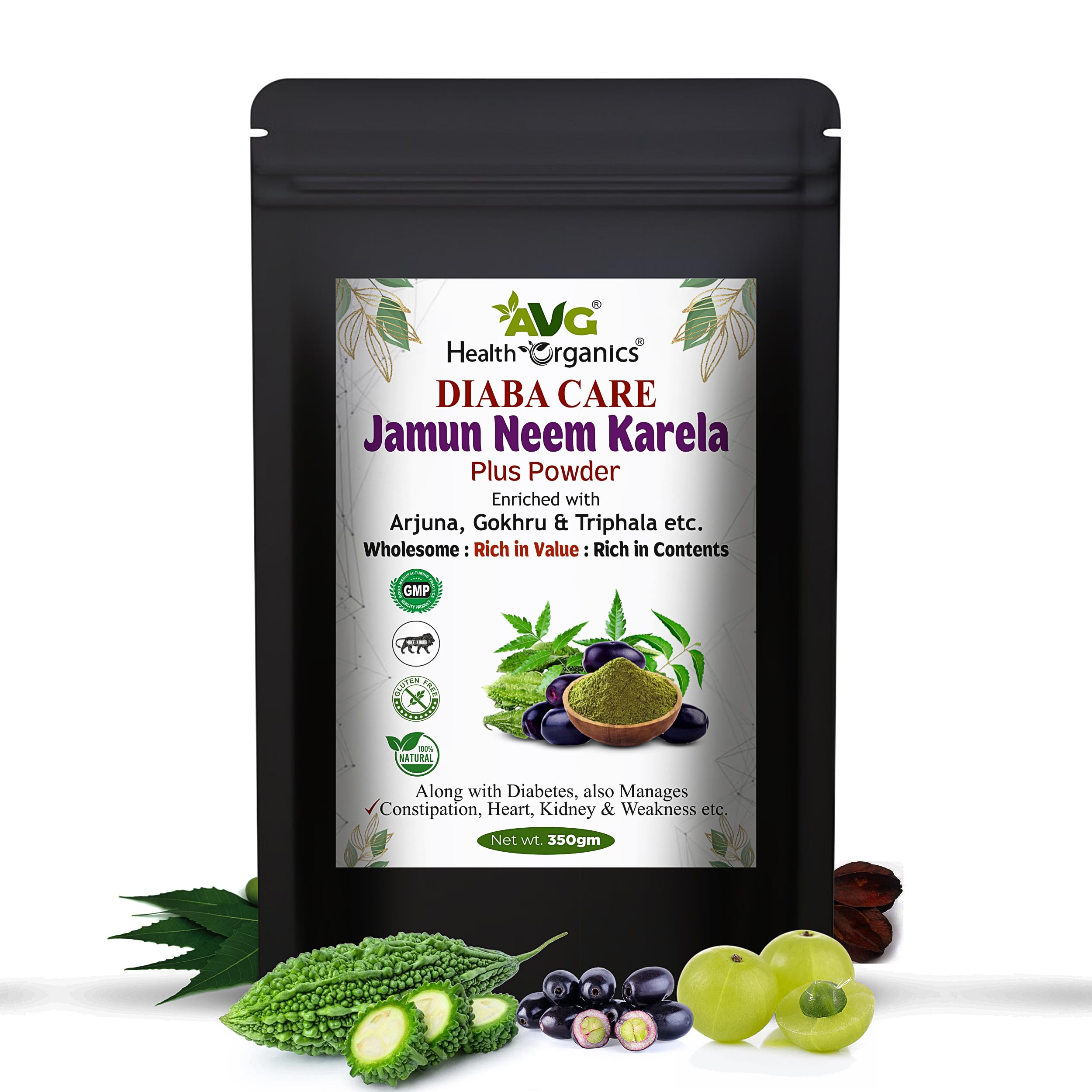 AVG Health Organics Diaba Care Karela Jamun Neem Powder 350g, Diabetes Control Ayurvedic Supplement with Arjuna, Gokhru & Triphala, Helps in Relieving Constipation