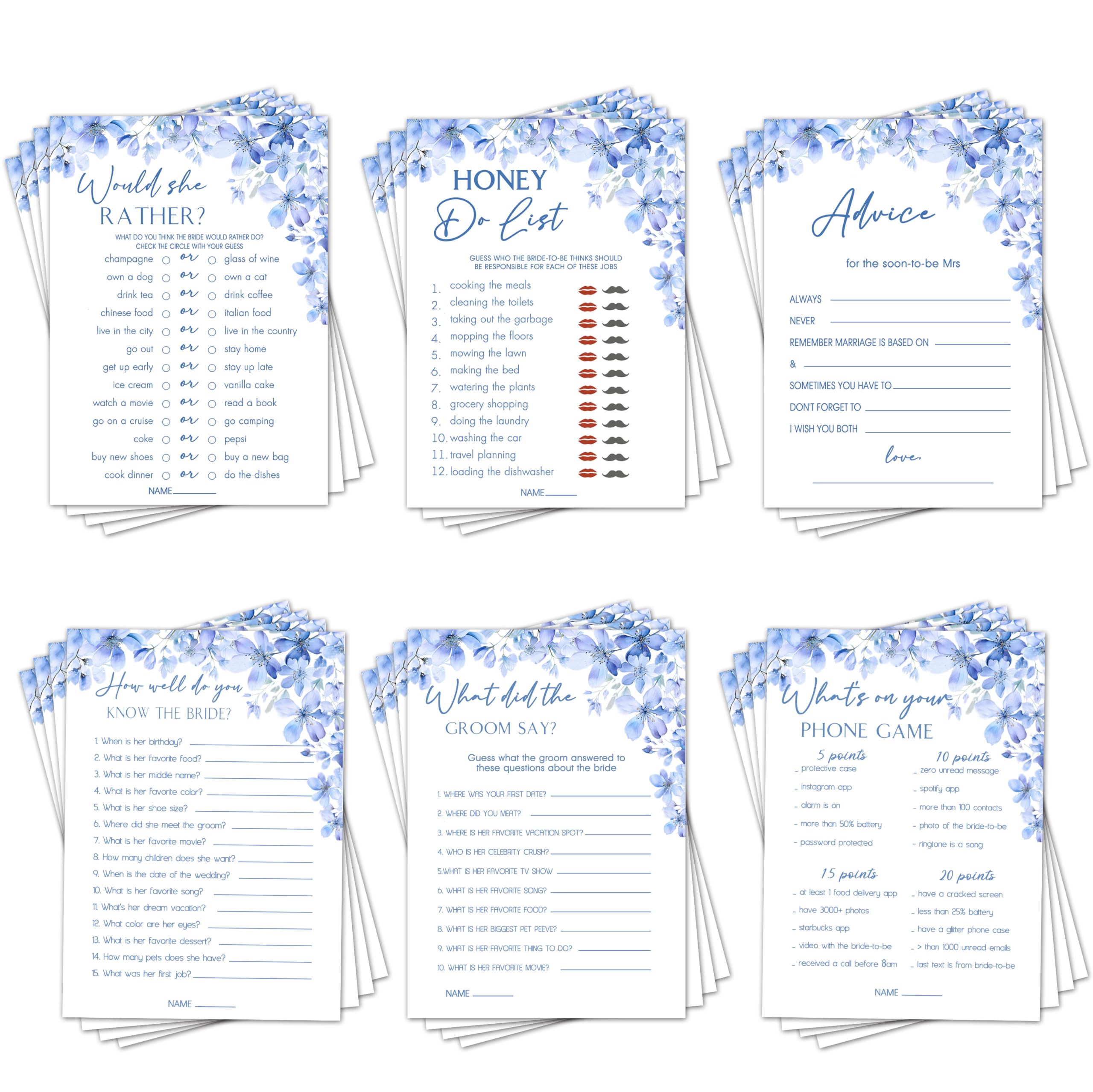 Bridal Shower Games Set of 6 Activities, Wedding Showers Games for Engagement Party Blue Flowers Theme Decorations, Bridal Shower Game Guests, To Do List, Advice and Wishes