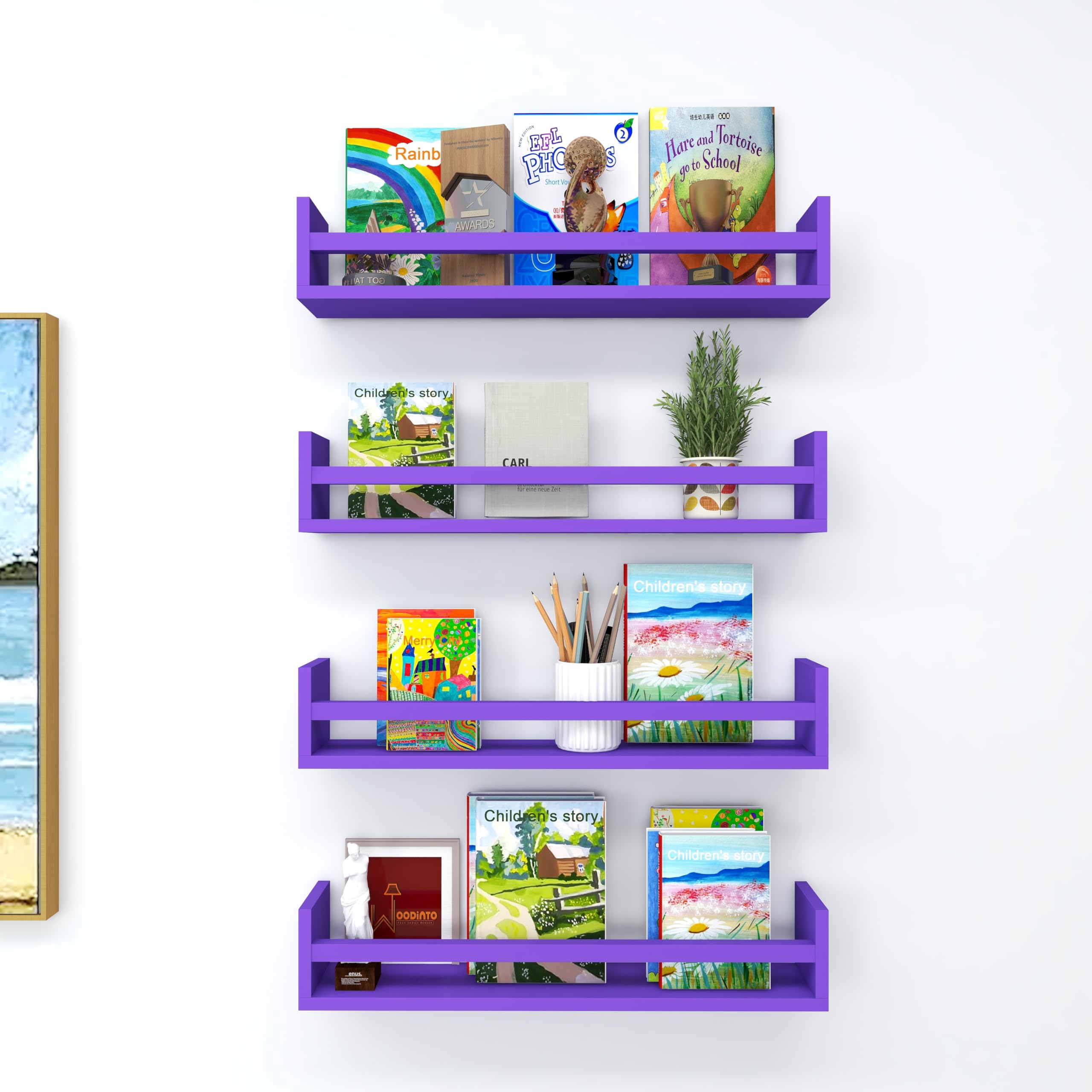 WooDinto Wooden Wall Shelves for Living Room, Bookshelf | Wall Mounted Shelf | Wall Hanging Storage Unit | Wall Organiser Shelf (Purple)