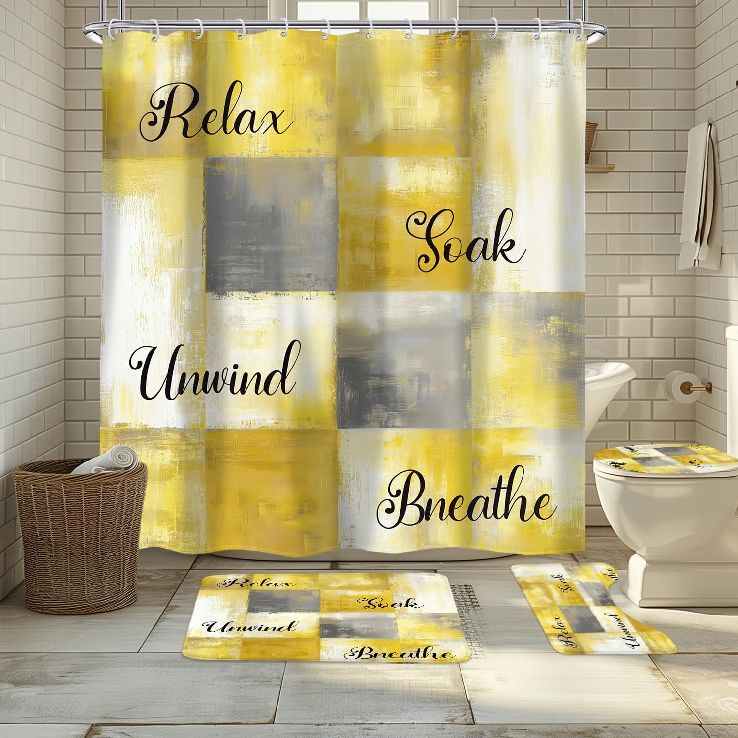KOMLLEX 4Pcs Yellow Grey Abstract Plaid Shower Curtain Sets, Bath Mat and Toilet Lid Cover, Rustic Geometric Vintage Farmhouse Quotes Girly Bathroom Decor Set with Rugs and Accessories, 12 Pack Hooks