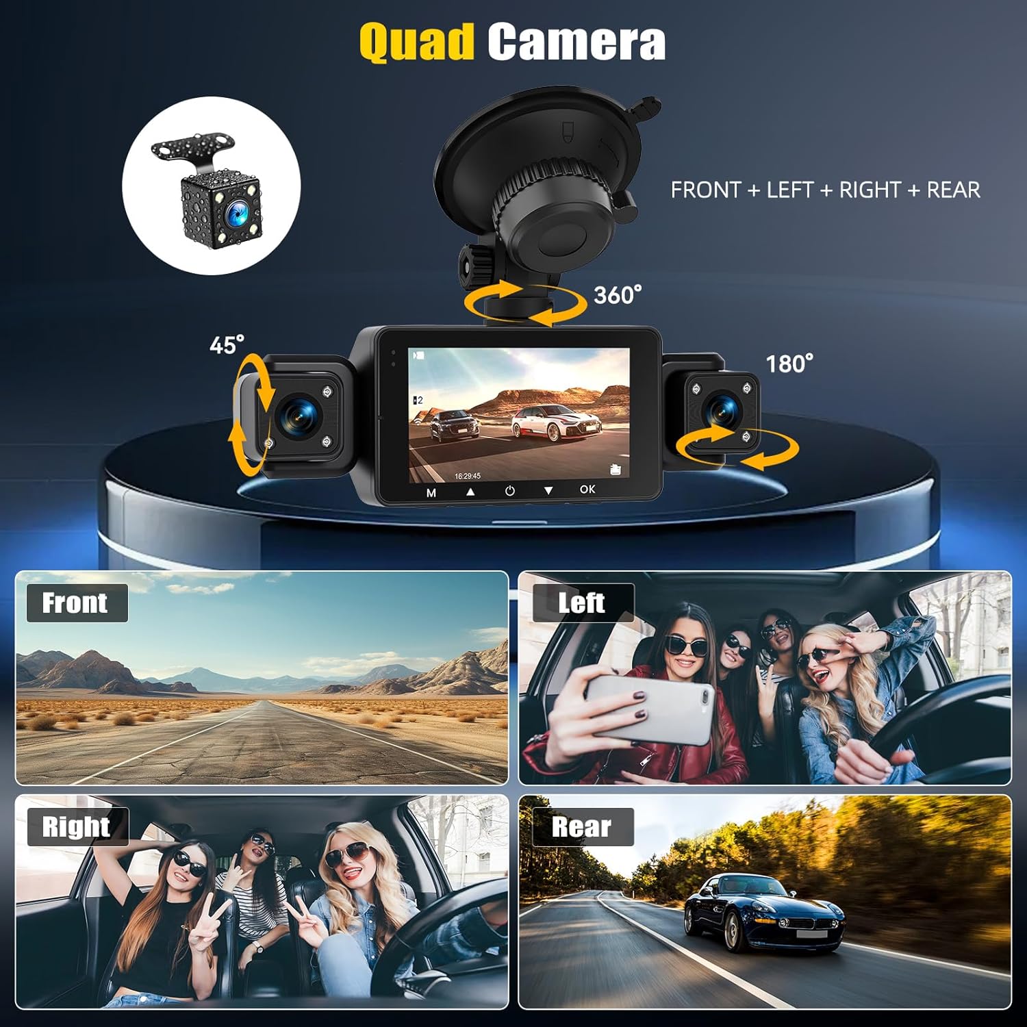 360° 4 Channel 1080P Dash Cam Front and Rear Inside,3” Dash Camera for Cars Car Camera with WiFi,APP Control,IR Night Vision,Loop Recording,G-Sensor,Parking Assistance,24H Parking Monitor+64G SD