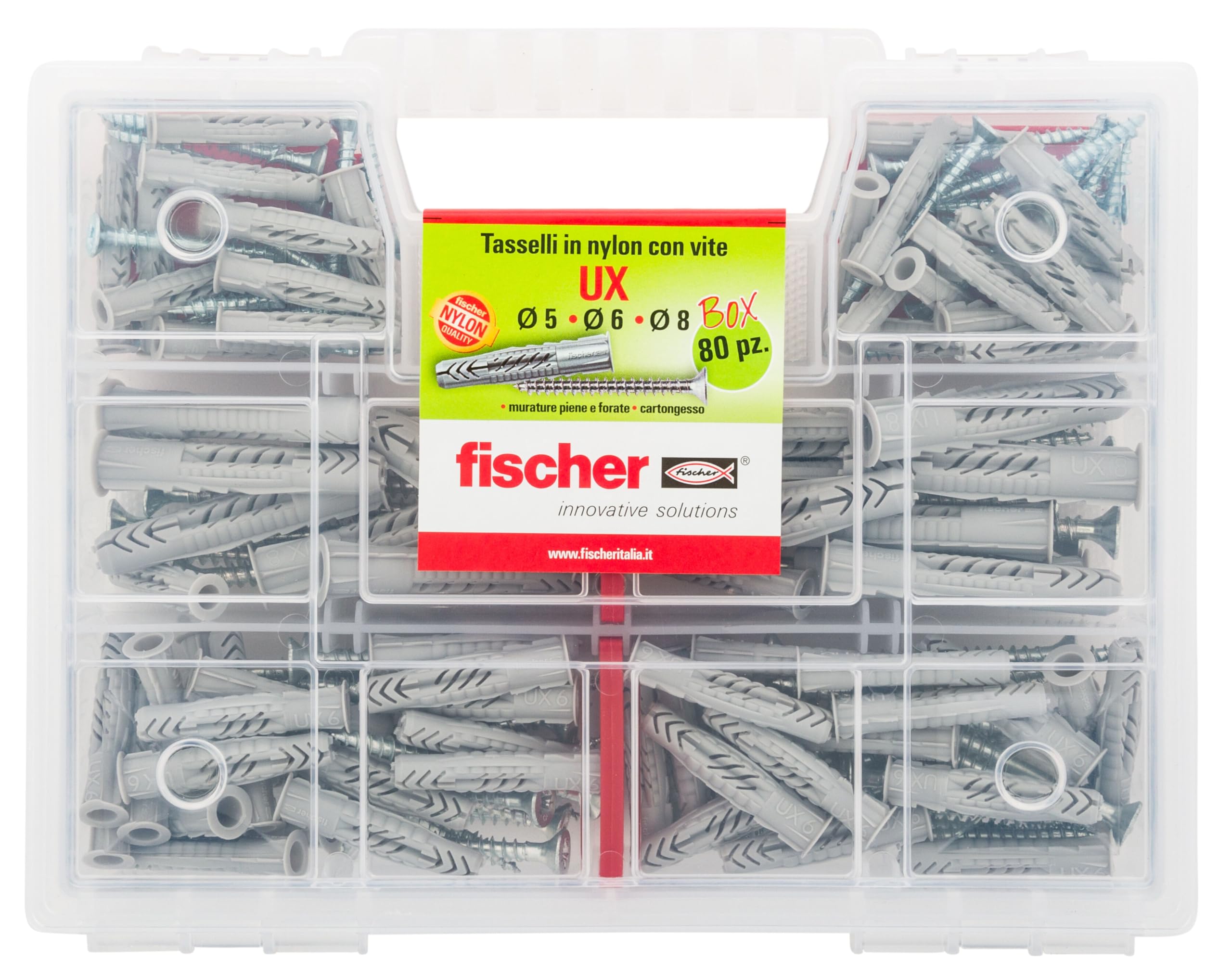 Fischer Transparent Ux Kit, 80 Perforated Dowels With Screw For Mounting On Wall Full, Brick, Plasterboard, 544257