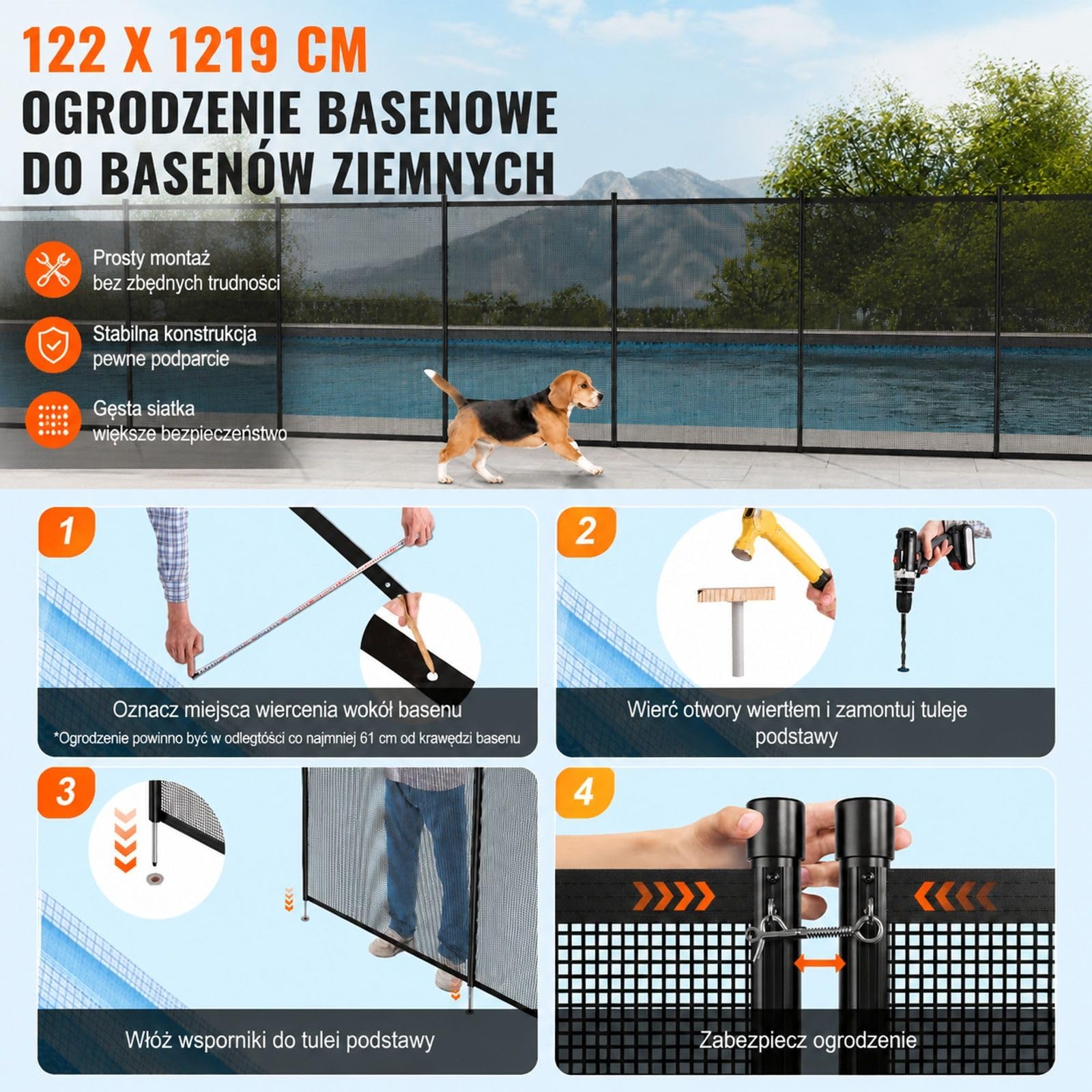 Zdejmowane ogrodzenie basenowe, siatka PVC Teslin z aluminiowymi słupkami, montaż DIY do użytku zewnętrznego w gruncie