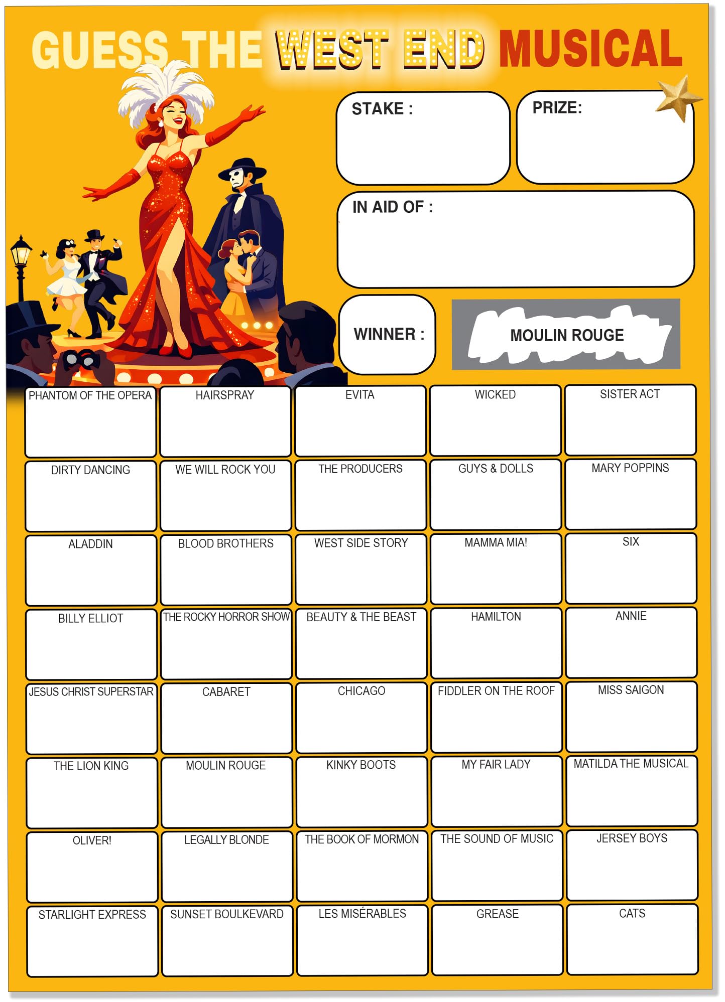 Pack of 10 Name the West End Musical Fundraiser Cards - Large A5 Size - 40 Squares and Scratch Off Winner for Fundraising