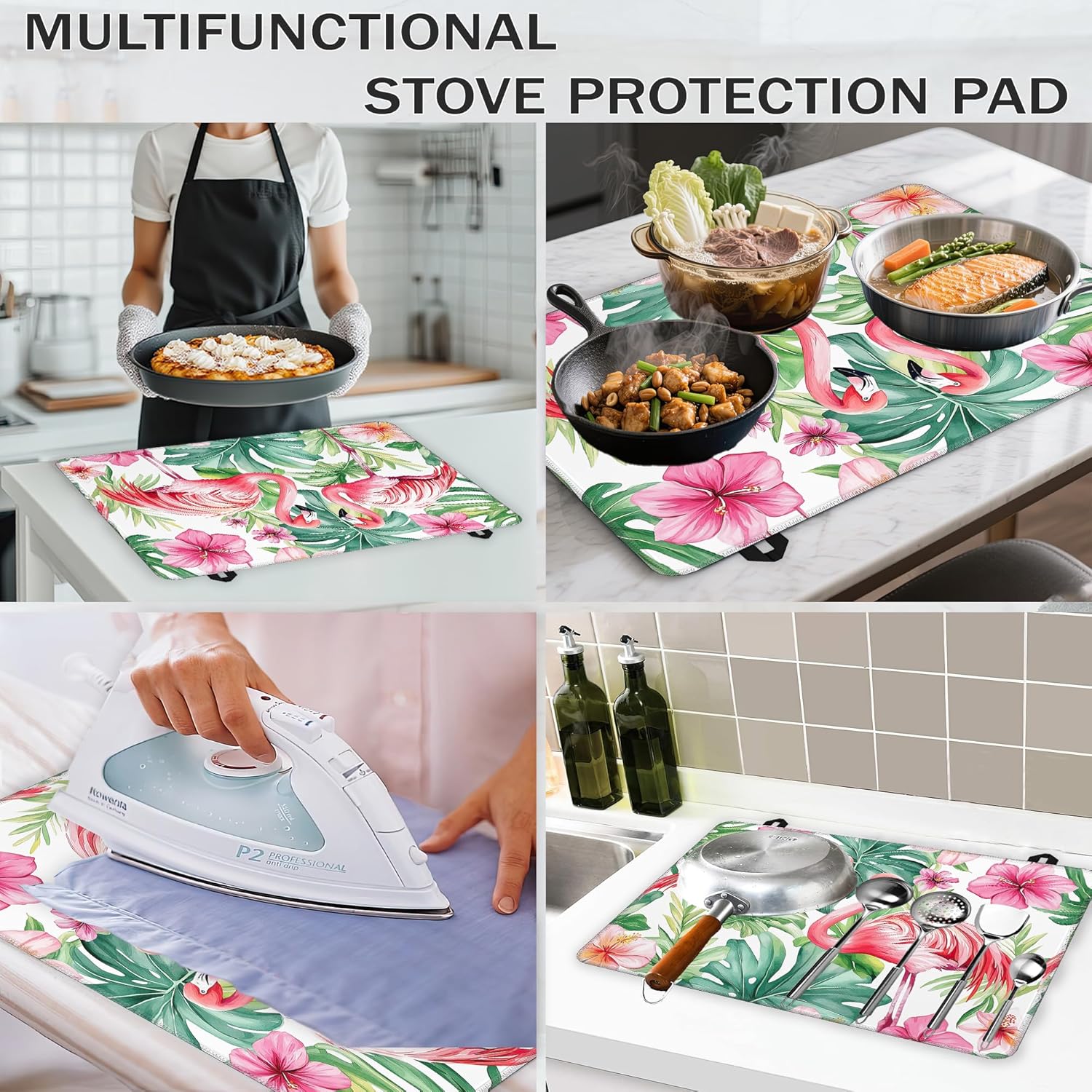 Stove Top Covers for Electric Stove,Red Flamingo Flat Top Stove Cover,Tropical Leaf Flower Heat Resistant Glass Top Stove Cover Protector Anti-Slip Range Covers, 28 x 20 Inch