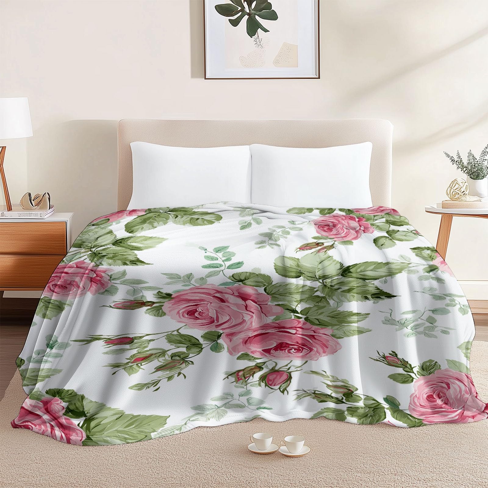 Decke Flanell 200 x 220 cm Geschenke für Frauen und Männer - Vintage Pflanzen Rosen Blumen Witzige Geschenke für Freunde zu Weihnachten und Geburtstag, Rosa