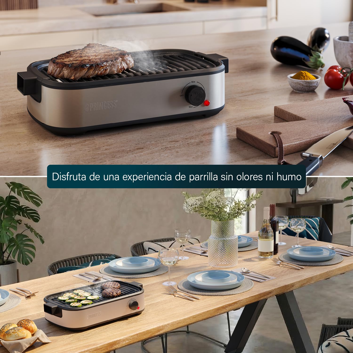 Princess Table Chef Purify Parrilla de Mesa, Barbacoa sin Humo con Sistema de Filtro de Aire, Termostato Regulable, Recubrimiento Ceramico sin PFAS, Superficie de 35 x 21 cm, 103215