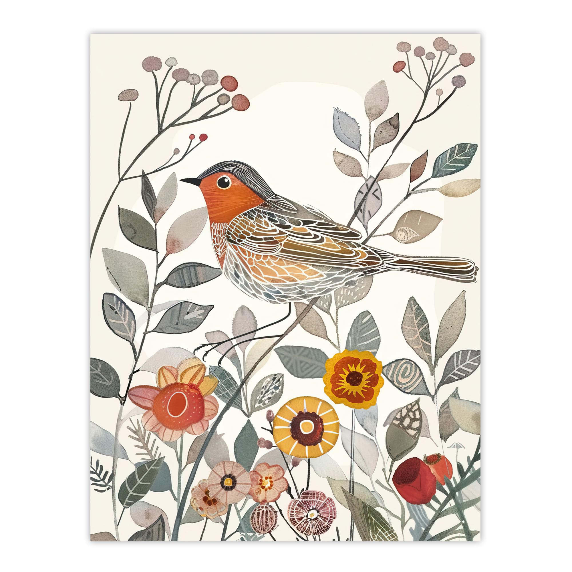 Artery8 Folk Art Wall Print - Robin Bird Garden Flowers - W12" x H16"