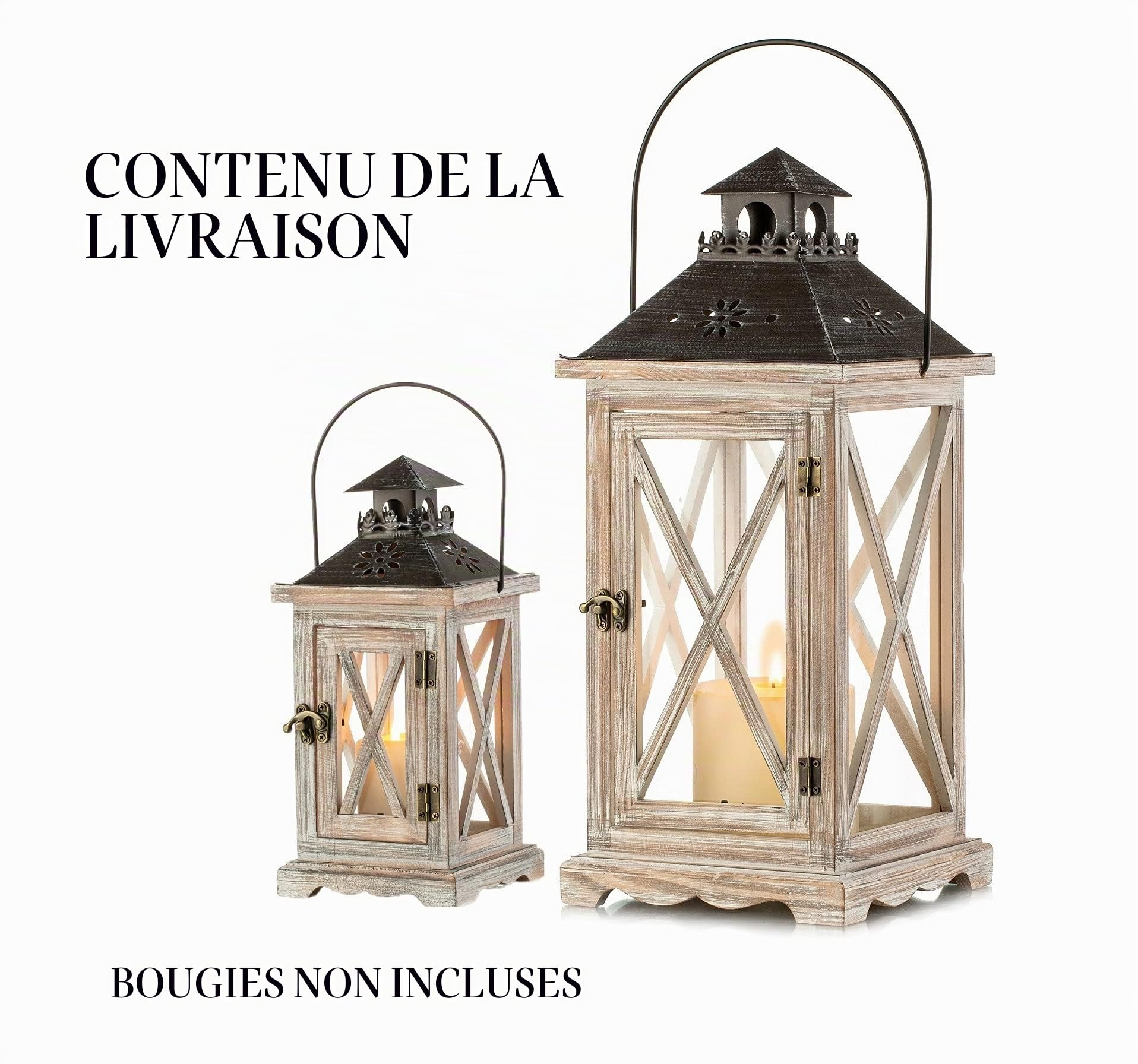 Romadedi Lot de 2 lanternes Vintage en Bois Naturel, 28/48 cm | Deux tailles avec poignée, pour bougies cylindriques, table, mariage, maison, jardin et extérieur couvert