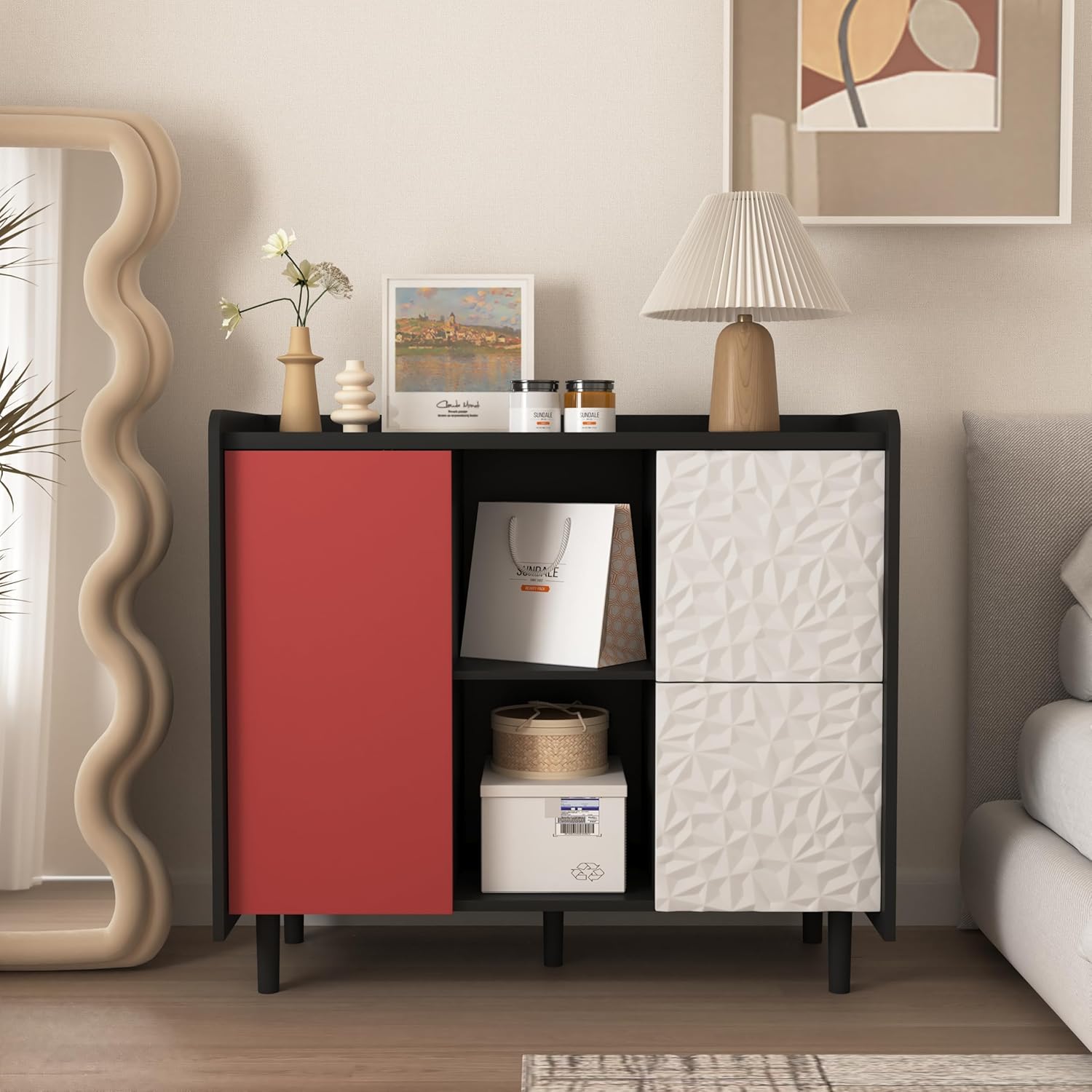 Sideboard Buffet Cabinet with Doors, 2 Drawers & Open Storage, Modern Coffee Bar Accent Cabinet(Black+Red)