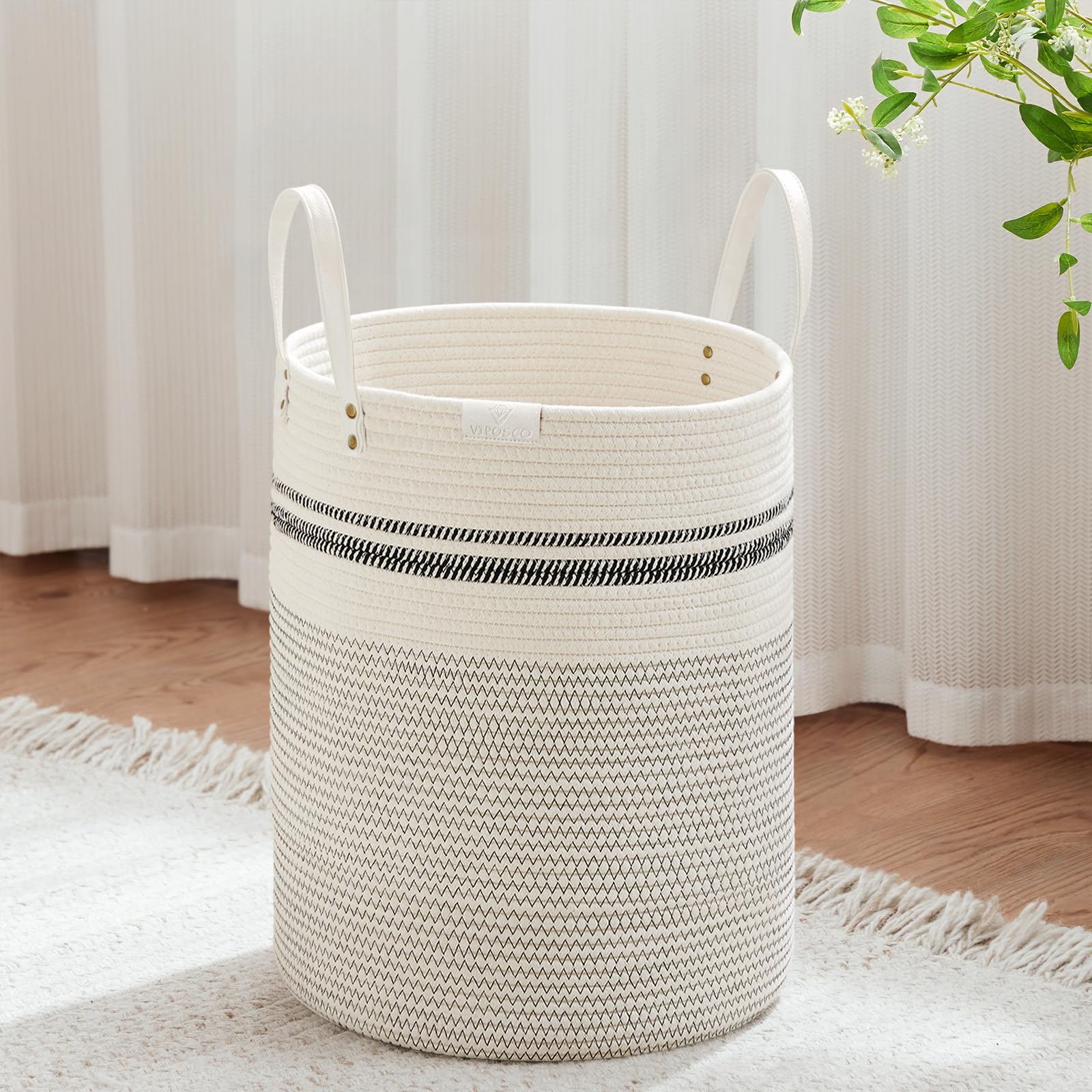 VIPOSCO 53L Tall Woven Rope Laundry Hamper, Leather Handles, Stripe White