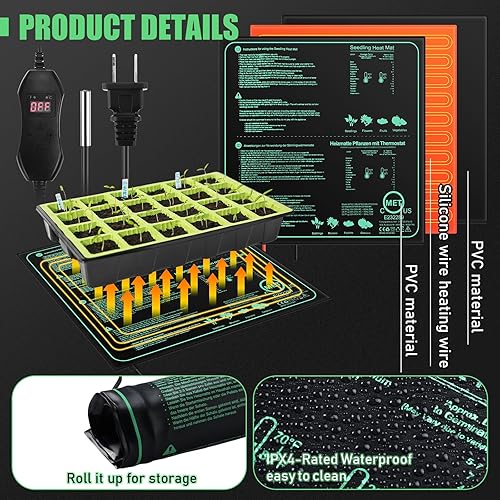 Miniatura 5 de ROCEEI Paquete de 2 alfombrillas térmicas de plántulas con controlador de termostato digital de 20 x 20.75 pulgadas, impermeable, para germinación,