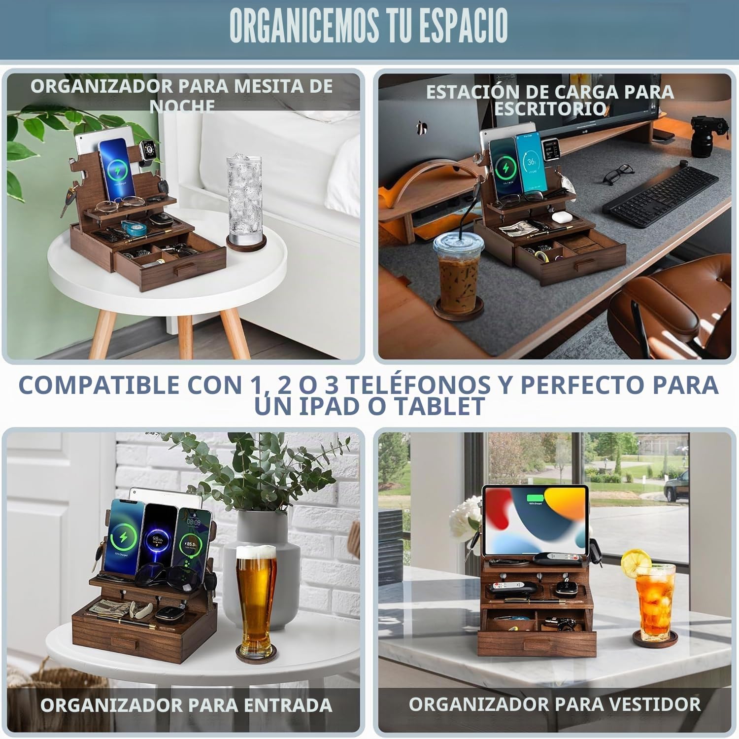 Estación de acoplamiento de madera para teléfono móvil con cajones, compatible con Apple - estación de carga de madera rack de almacenamiento, cabecera para hombre rack de almacenamiento para teléfono