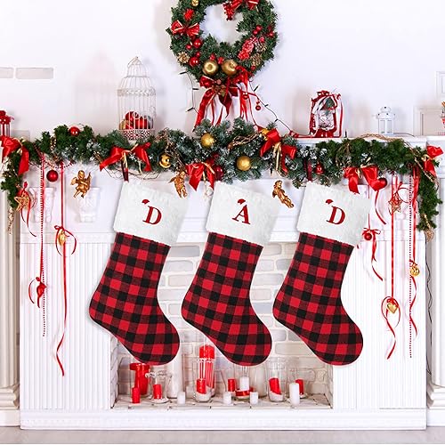 Miniatura 6 de Calcetines de Navidad con monograma inicial grande de 20 pulgadas, medias de Navidad personalizadas a cuadros rojos y negros con letras bordadas,