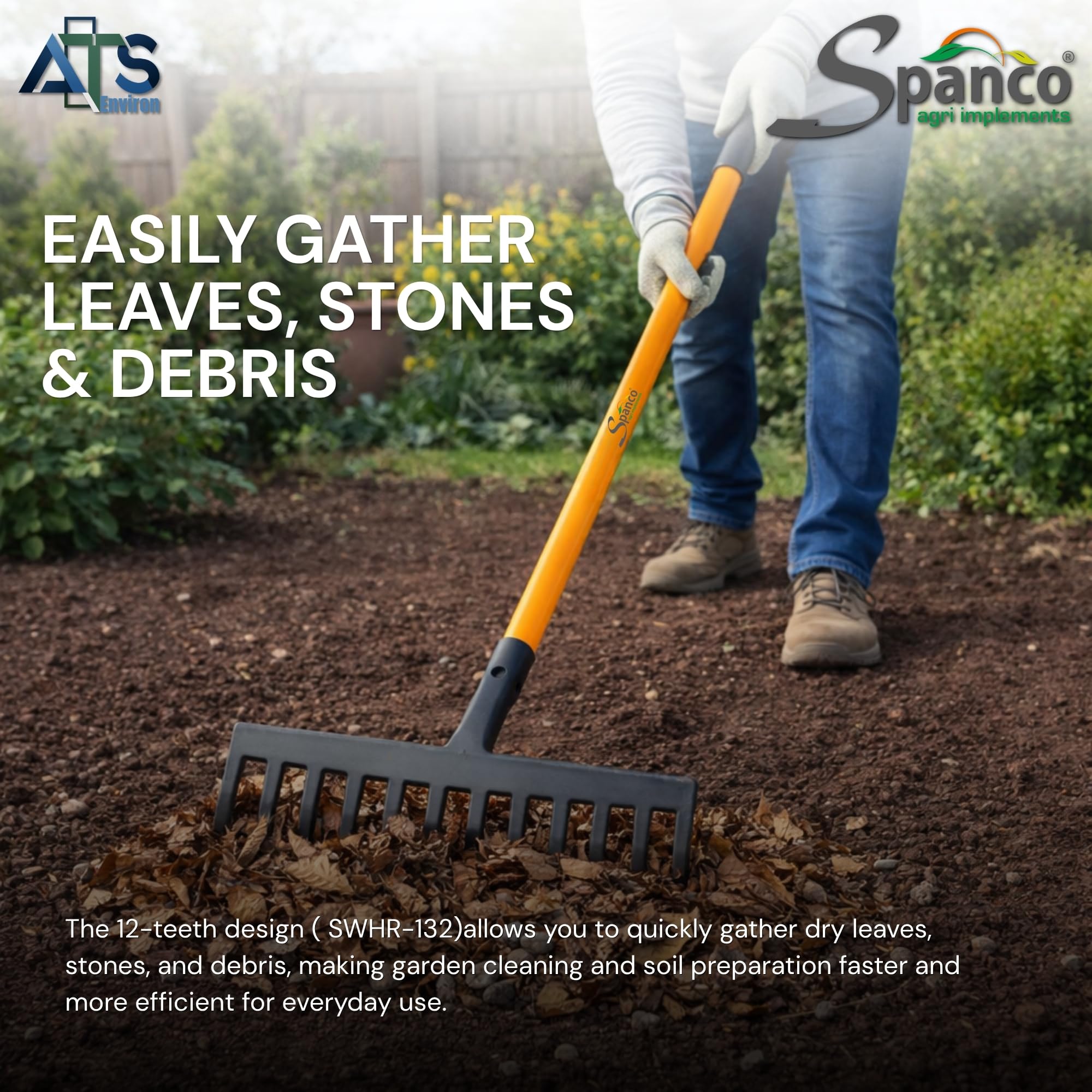 Spanco Heavy Duty Garden Rake (10 Teeth) with Long Handle for Quick Clean Lawn | Garden Leaf and Garbage Hand Cultivator | Garden Rake for Grass (SWHR-130) 1