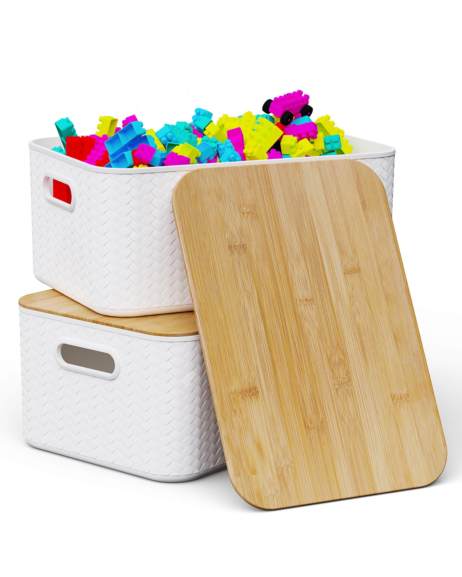 Shrivee 2PCS 13L Cajas Almacenaje Plastico con Bambú Tapa Apilables Cesta de Almacenamiento para Baño Armarios Cocina Storage Ropa Zapatos Juguetes (Blanco)