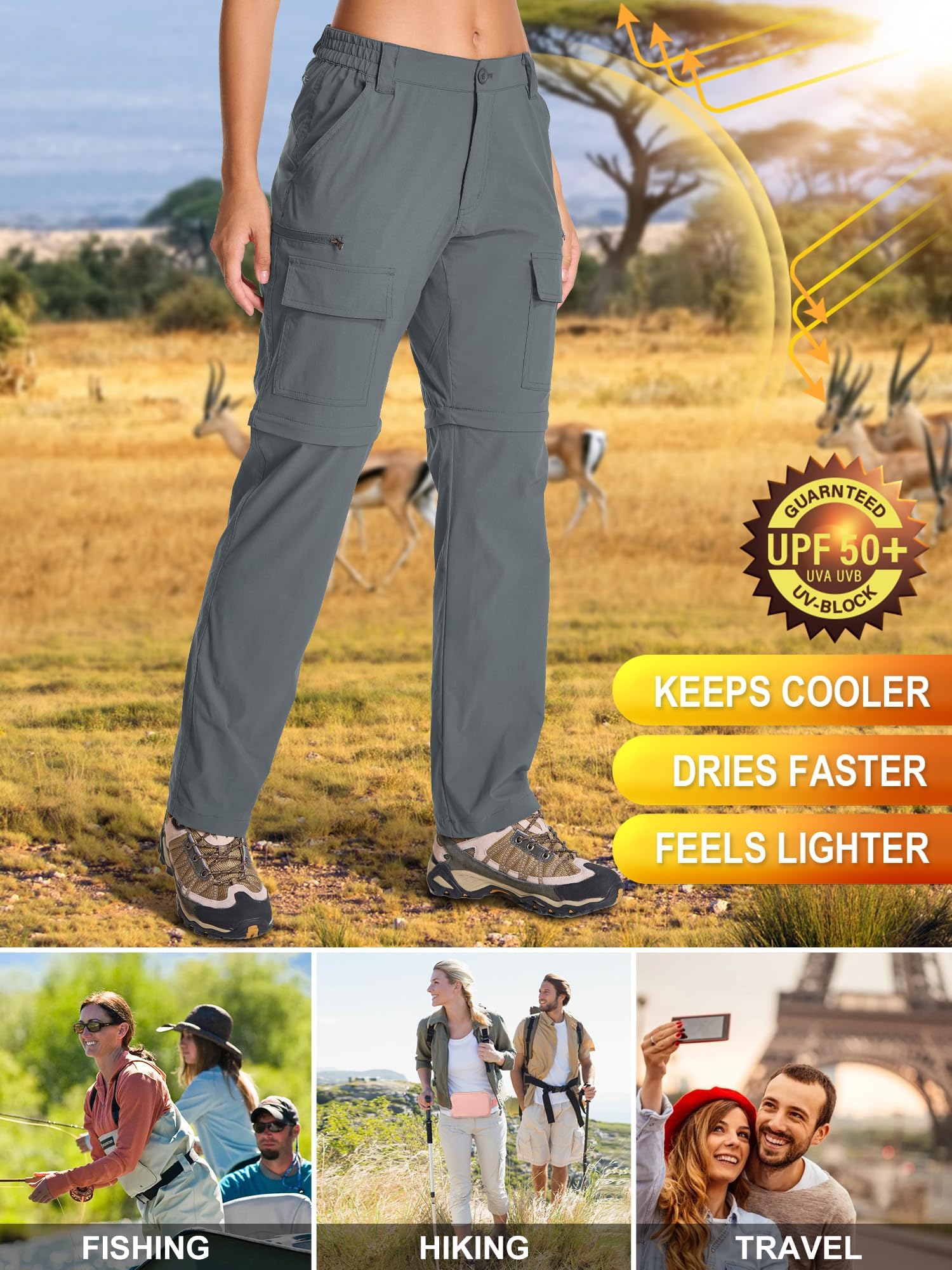 Jessie Kidden Pantalones impermeables para mujer, para caminar, senderismo, convertibles, ligeros, de secado rápido, UPF 50+, protección UV, con cremallera