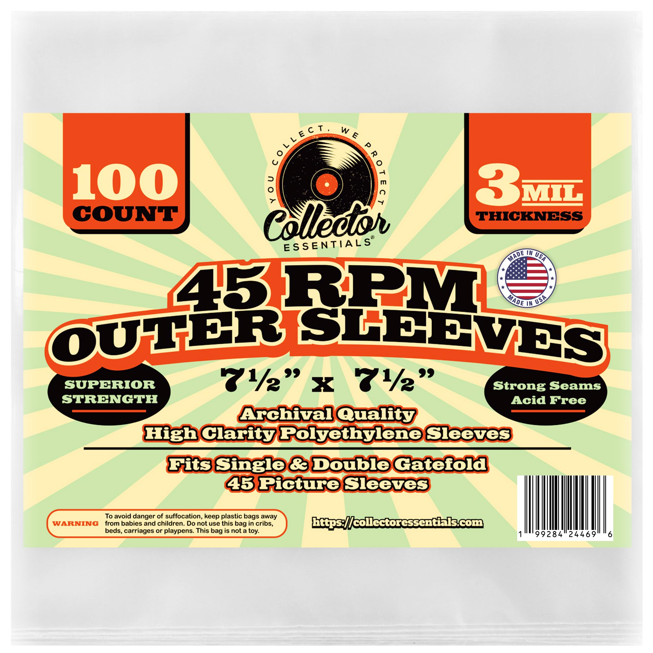 100 Clear Plastic 45 RPM 7" inch Outer Sleeves for Vinyl Records Covers - 3 Mil Thick - 7 1/2 X 7 5/8" - Preserve & Protect Single & Double Gatefold Picture Sleeves Cover Artwork.
