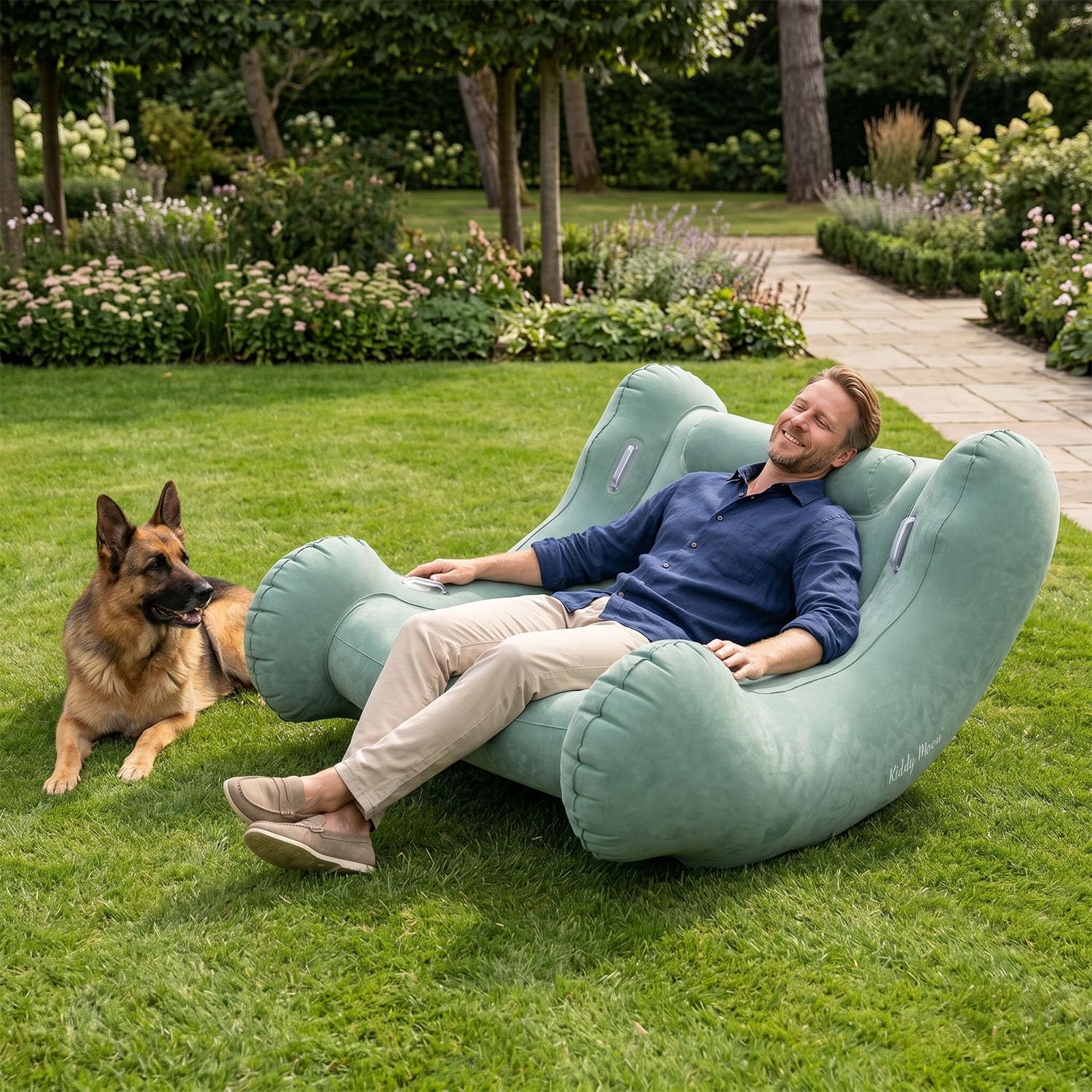 KiddyMoon Sedia Da Giardino Gonfiabile Per Uso Interno Ed Esterno Con Pompa, Salvia,L