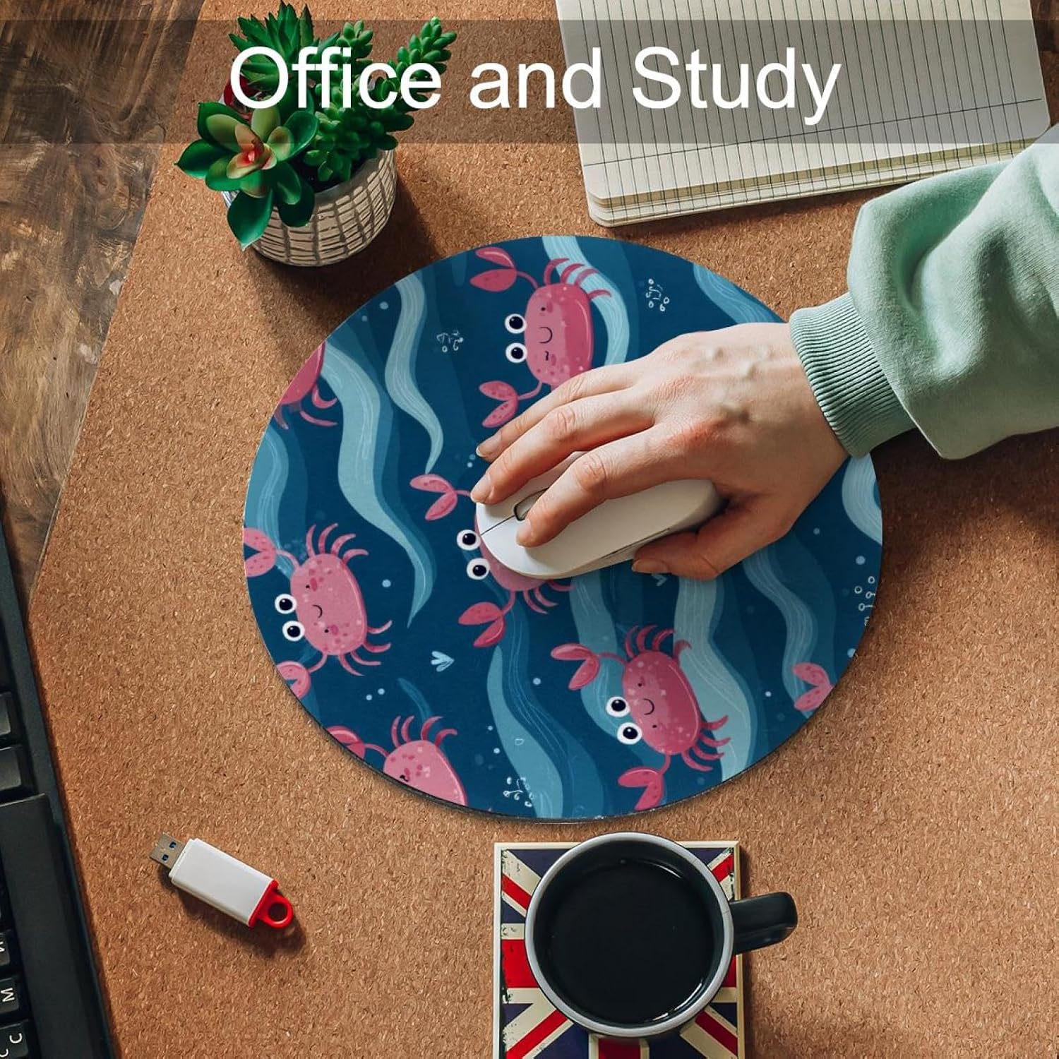 Round Mouse Pad for Women Men, 10’’ Round Desk Pad Mousepad Non-Slip Rubber Base, Office Home Laptop Accessories, Cute Funny Pink Crabs on Blue Sea Waves image 5