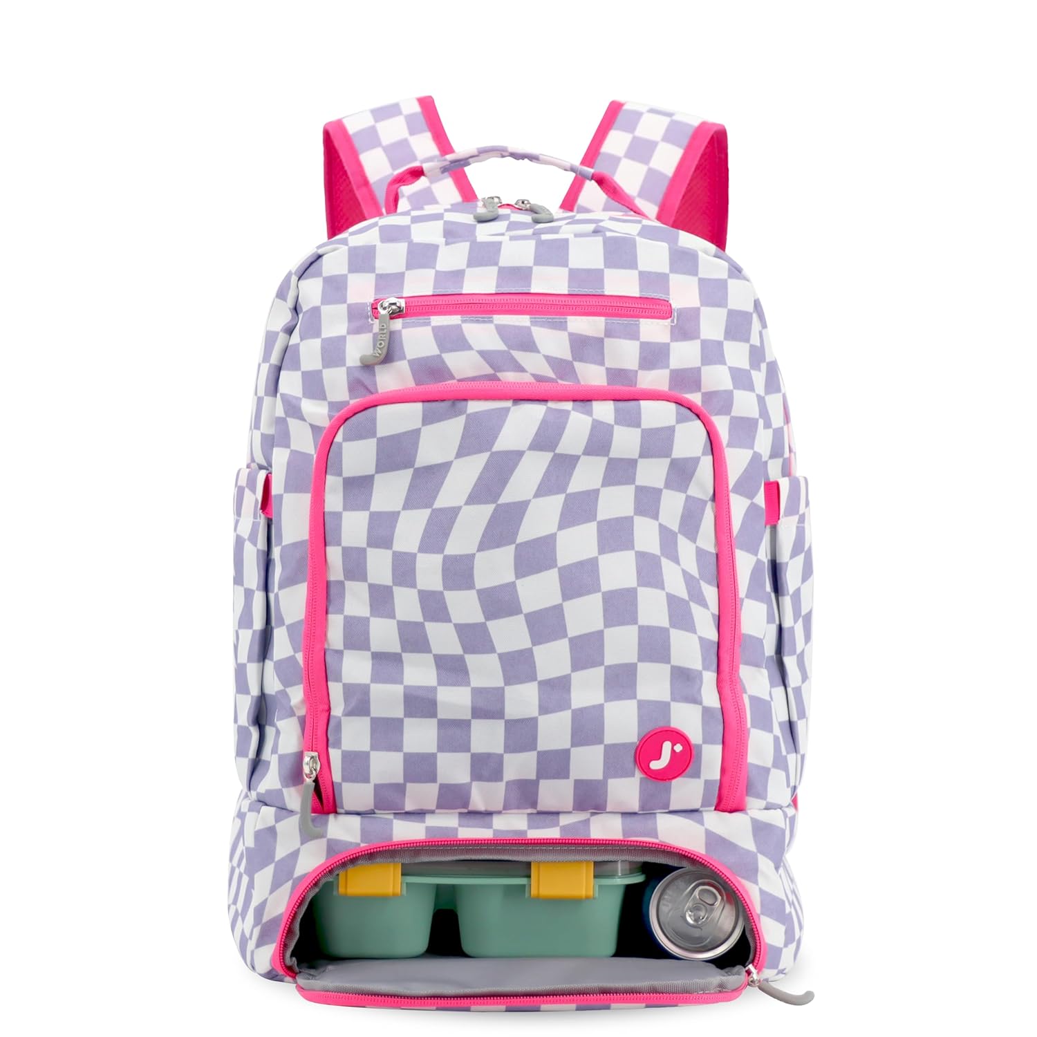 J World New York 2-in-1 Insulated Backpack Lunch Box for Kids Adult School Bookbag Lavender Checkers