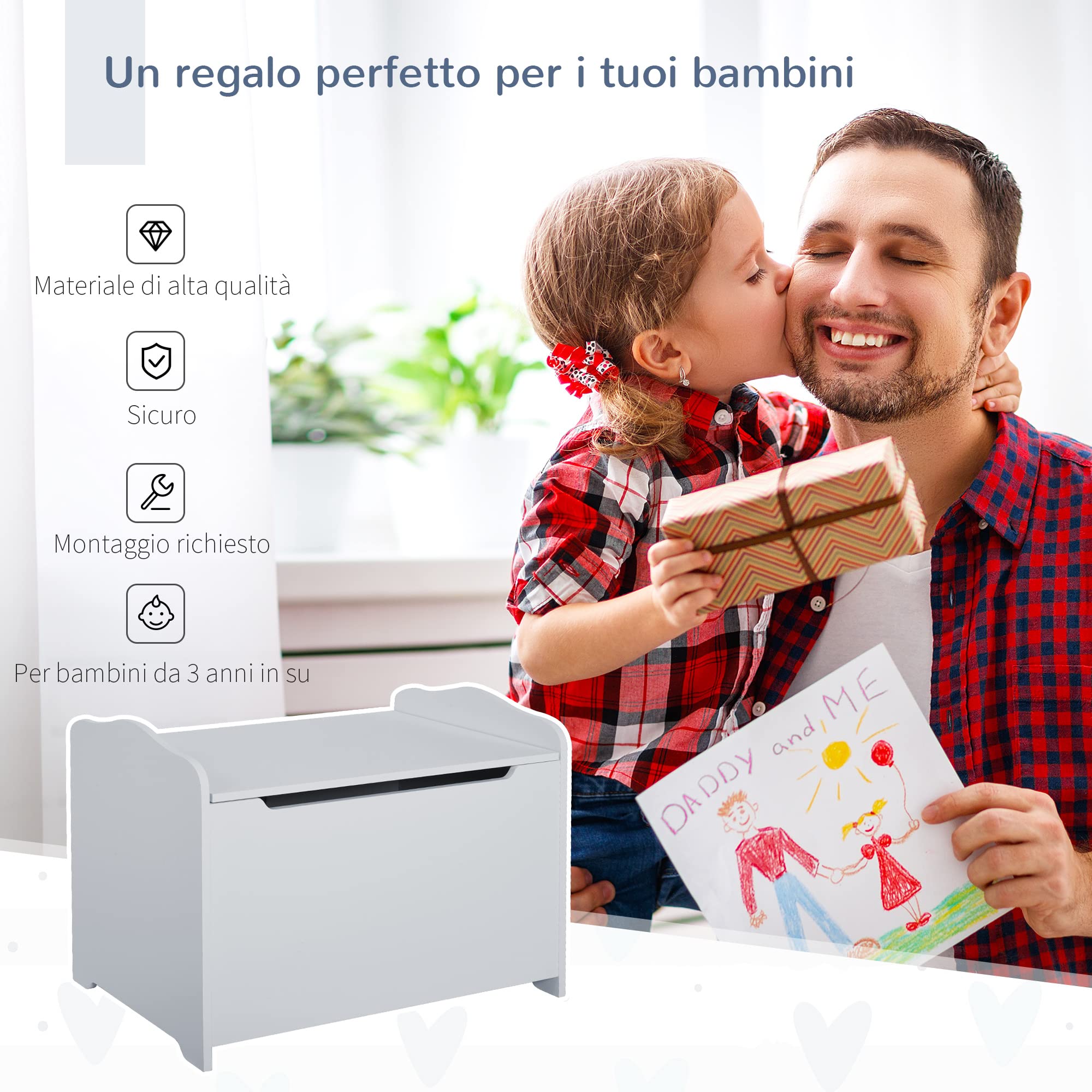 HOMCOM Cassapanca Portagiochi in Legno, Panca Contenitore per Cameretta Coperchio con Pistone Pneumatico, 60x40x48cm, Grigio